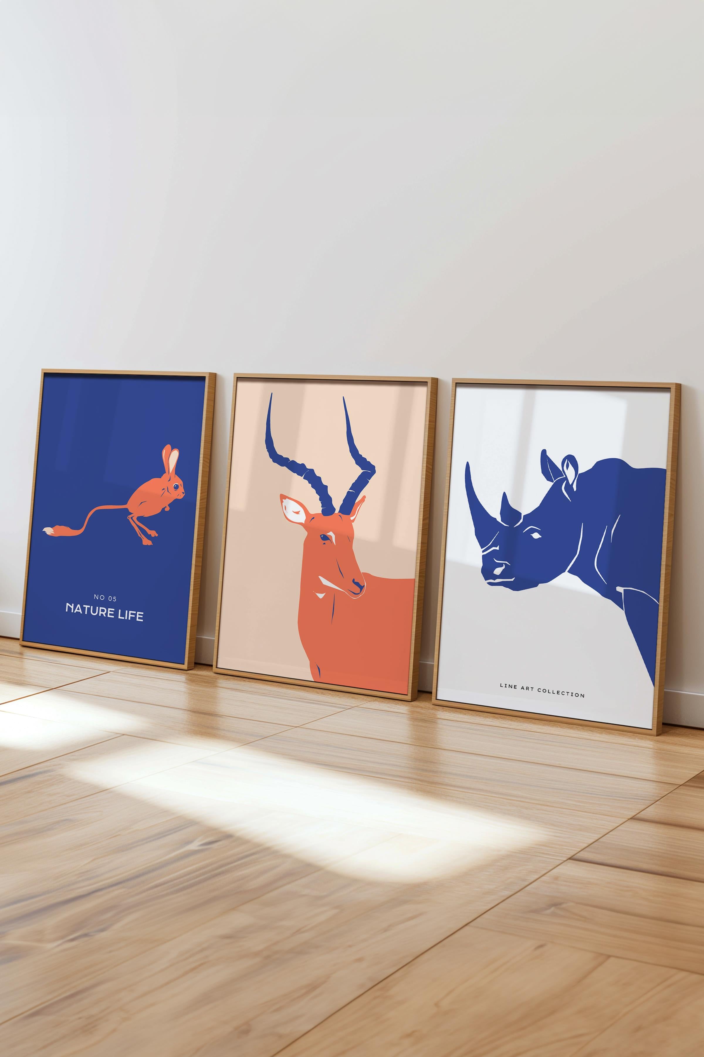 Çerçeveli Tablo Seti, 3 Adet Ahşap Çerçeve ve Minimalist Vahşi Yaşam Temalı Poster Seti, No:300487