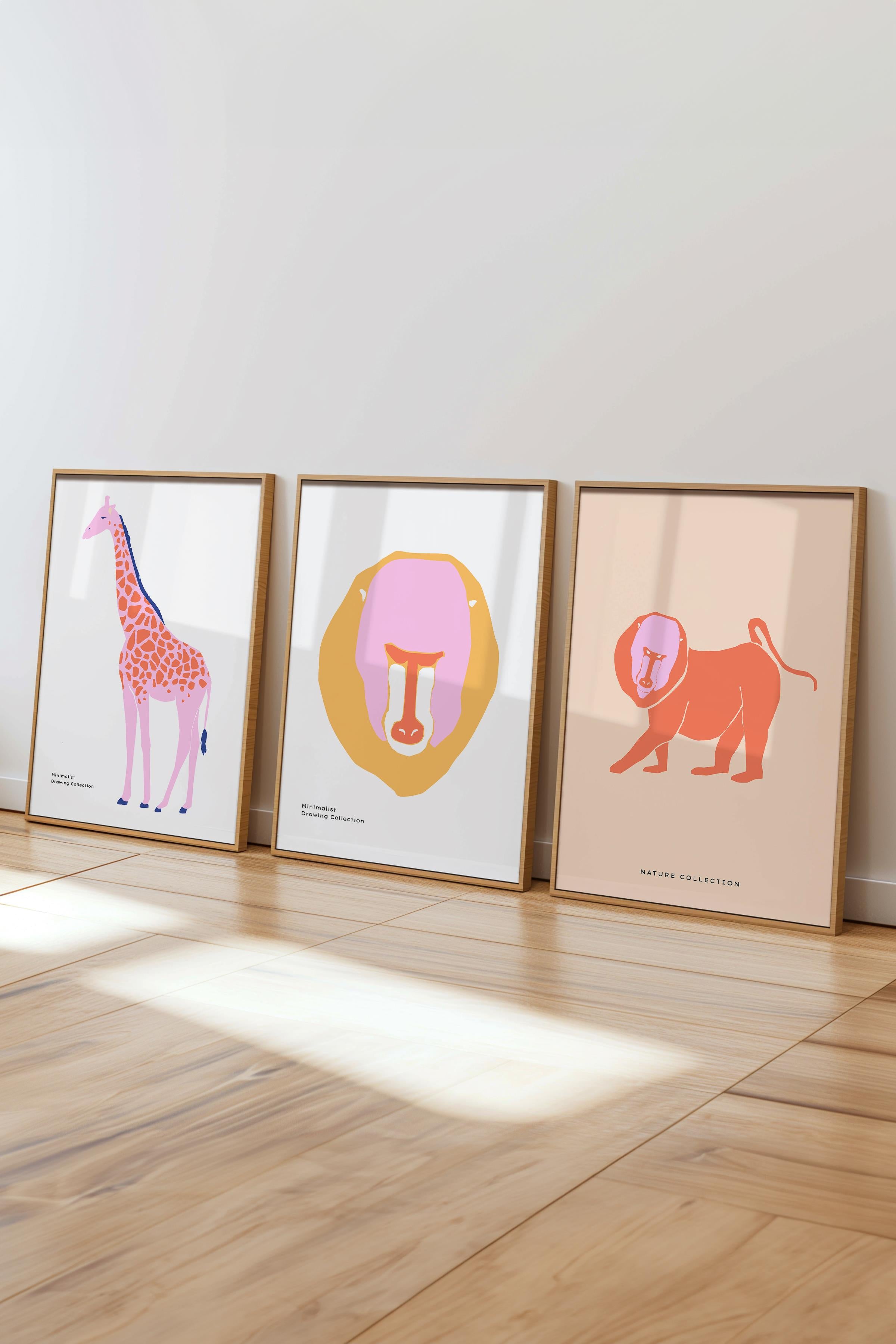 Çerçeveli Tablo Seti, 3 Adet Ahşap Çerçeve ve Minimalist Vahşi Yaşam Temalı Poster Seti, No:300488