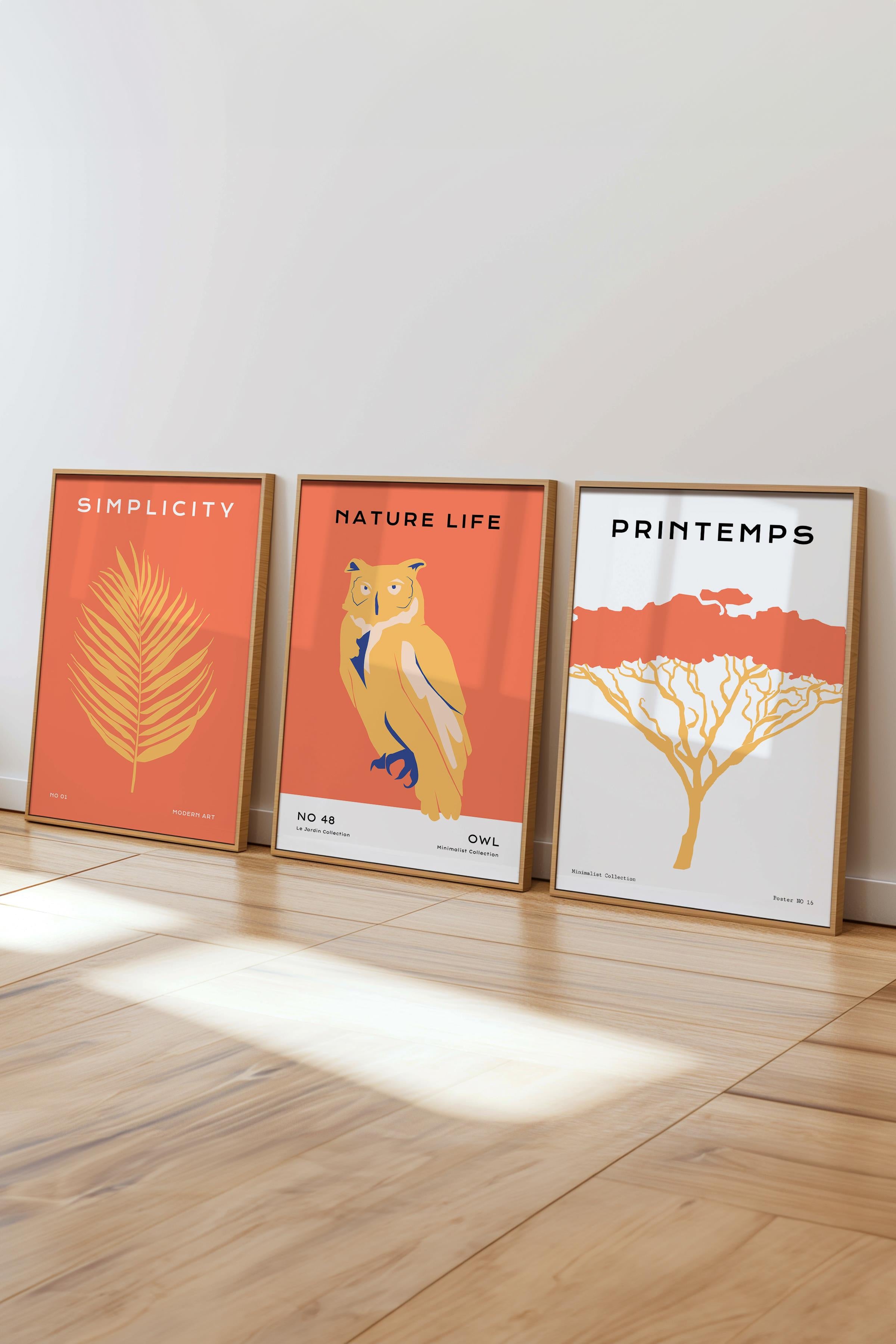 Çerçeveli Tablo Seti, 3 Adet Ahşap Çerçeve ve Minimalist Vahşi Yaşam Temalı Poster Seti, No:300489