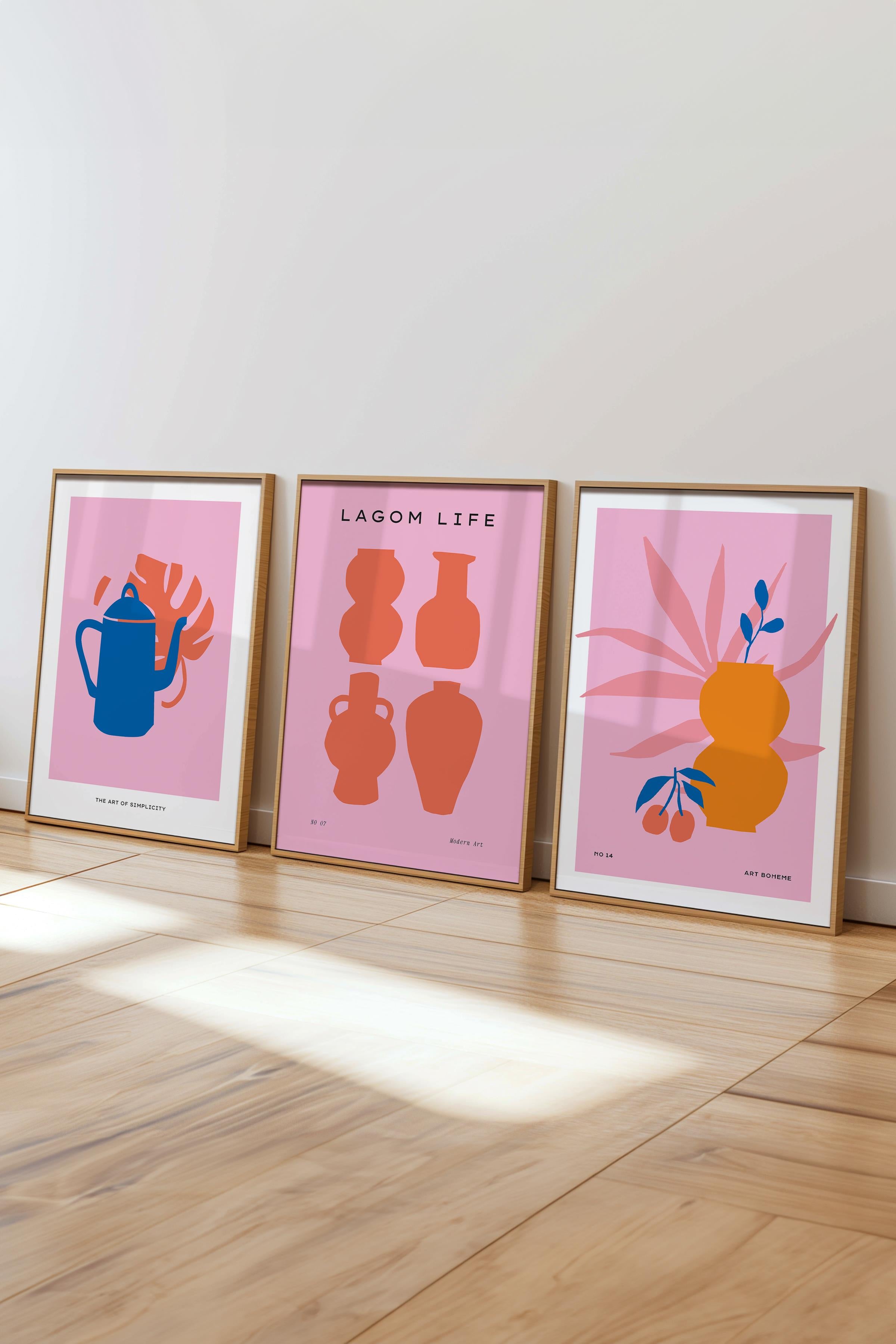 Çerçeveli Tablo Seti, 3 Adet Ahşap Çerçeve ve Pembe Minimalist Temalı Poster Seti, No:300454