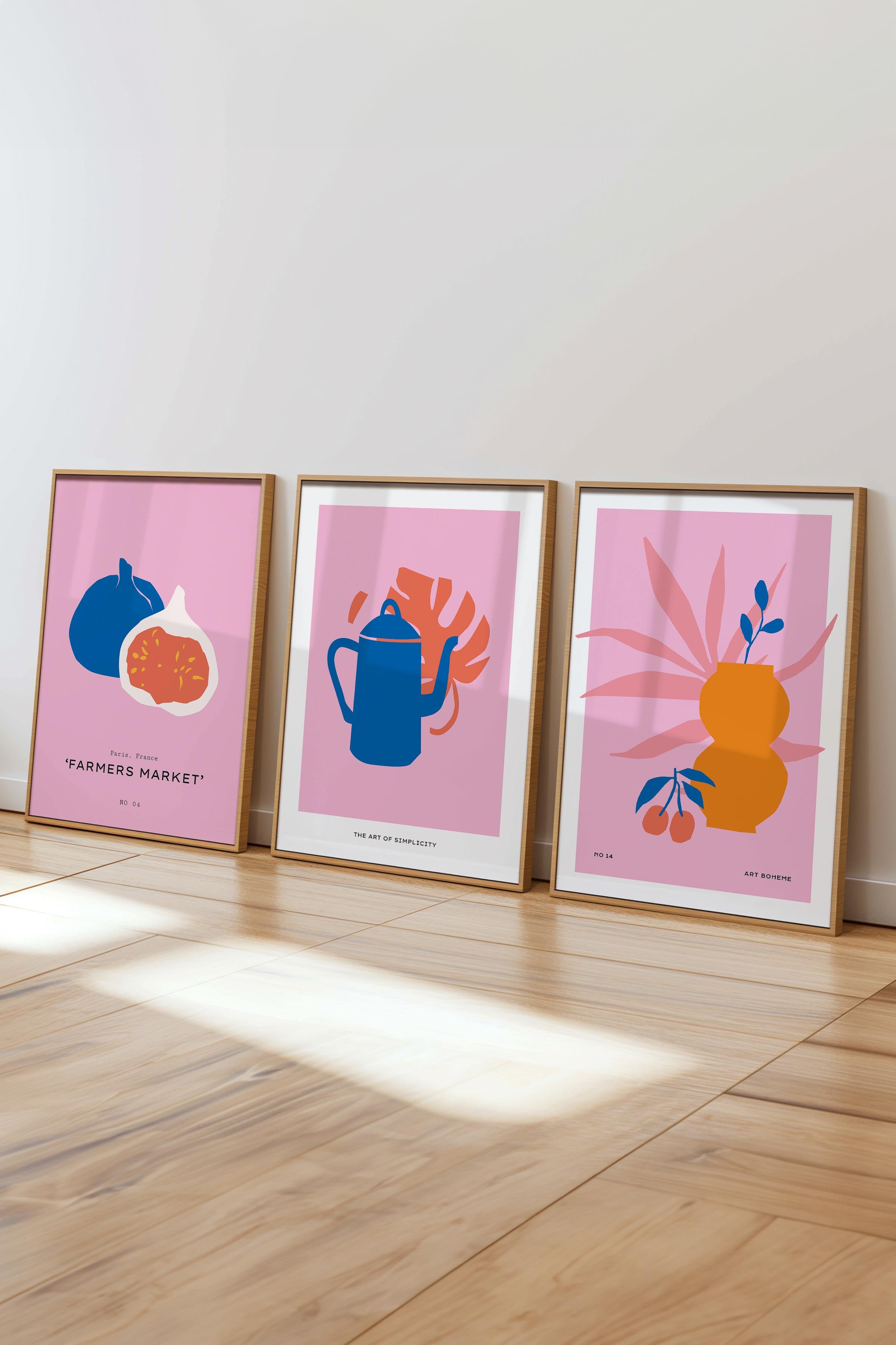 Çerçeveli Tablo Seti, 3 Adet Ahşap Çerçeve ve Pembe Minimalist Temalı Poster Seti, No:300461