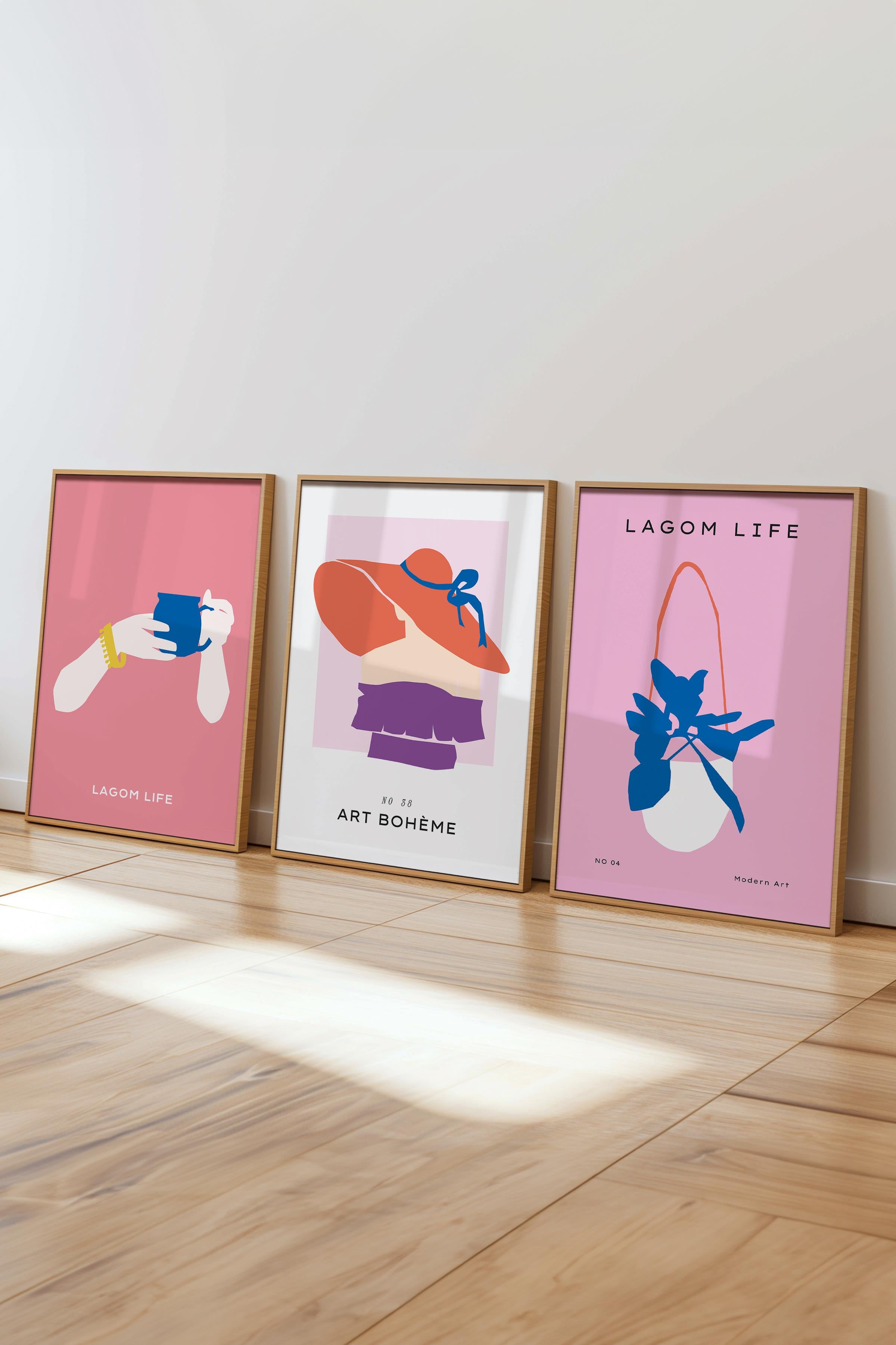Çerçeveli Tablo Seti, 3 Adet Ahşap Çerçeve ve Pembe Minimalist Temalı Poster Seti, No:300463