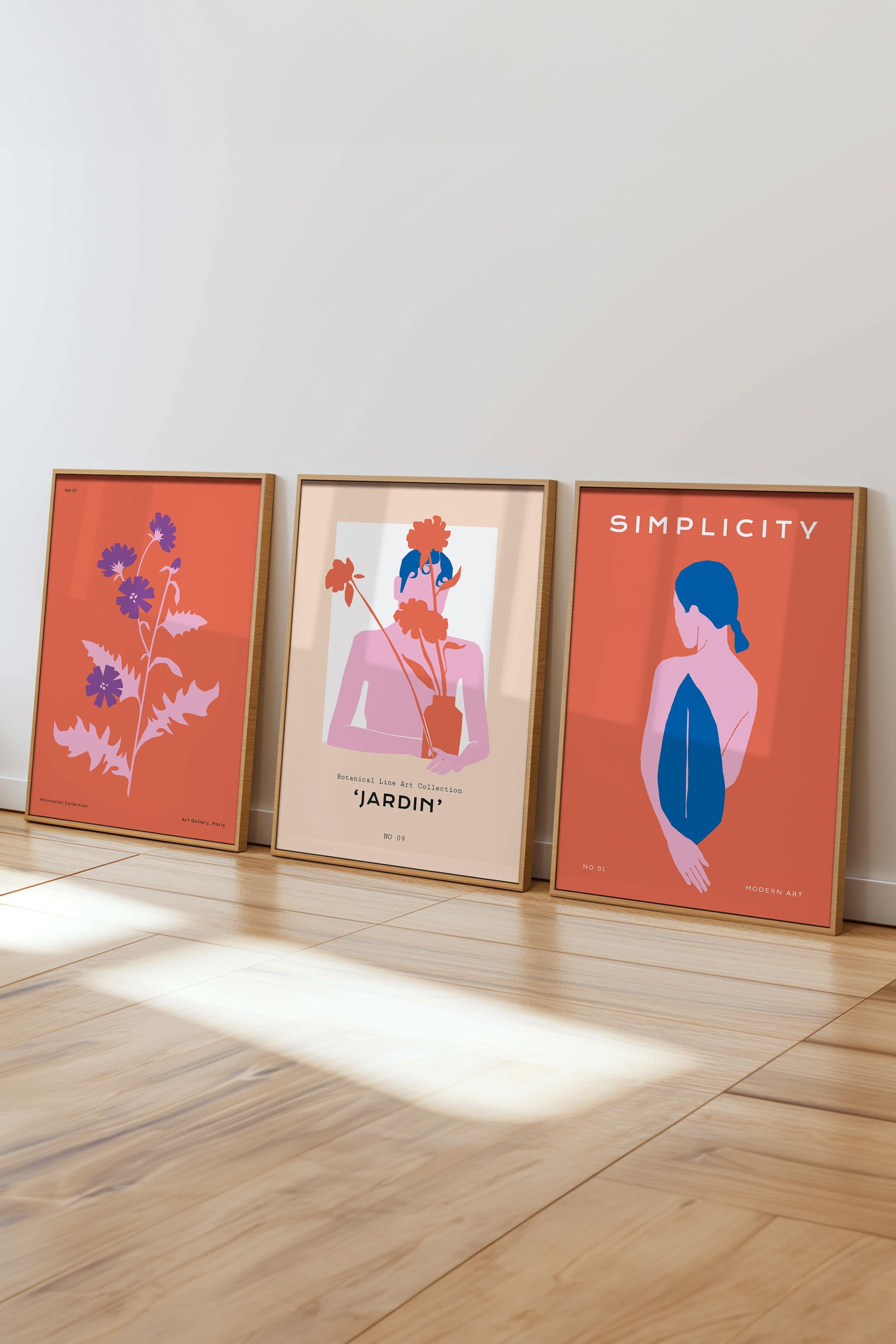Çerçeveli Tablo Seti, 3 Adet Ahşap Çerçeve ve Renkli Minimalist Temalı Poster Seti, No:300460