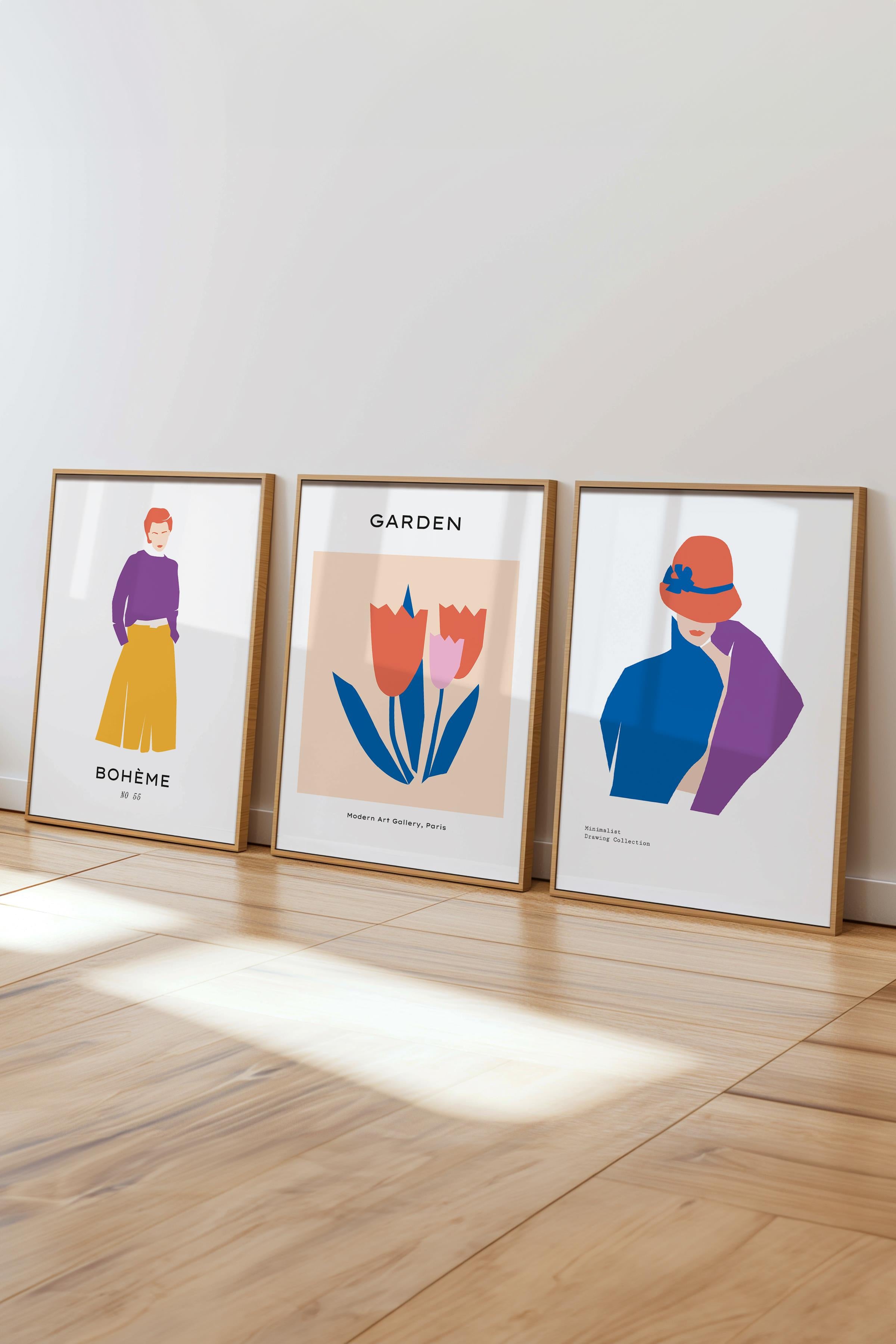 Çerçeveli Tablo Seti, 3 Adet Ahşap Çerçeve ve Renkli Minimalist Temalı Poster Seti, No:300466