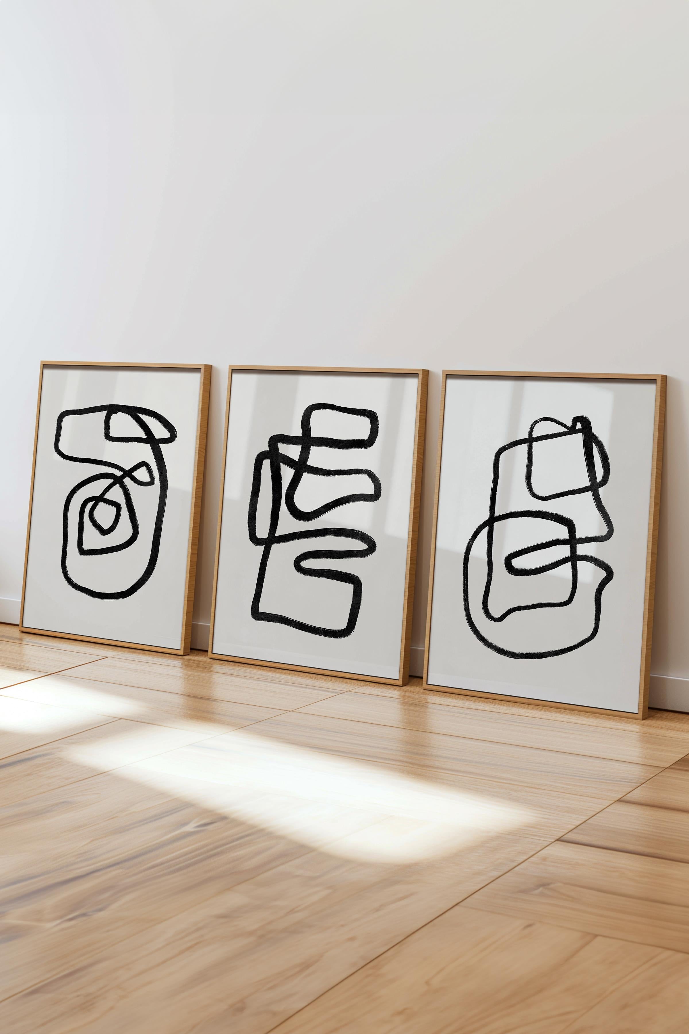 Çerçeveli Tablo Seti, 3 Adet Ahşap Çerçeve ve Siyah Beyaz Soyut Temalı Poster Seti, No:300577