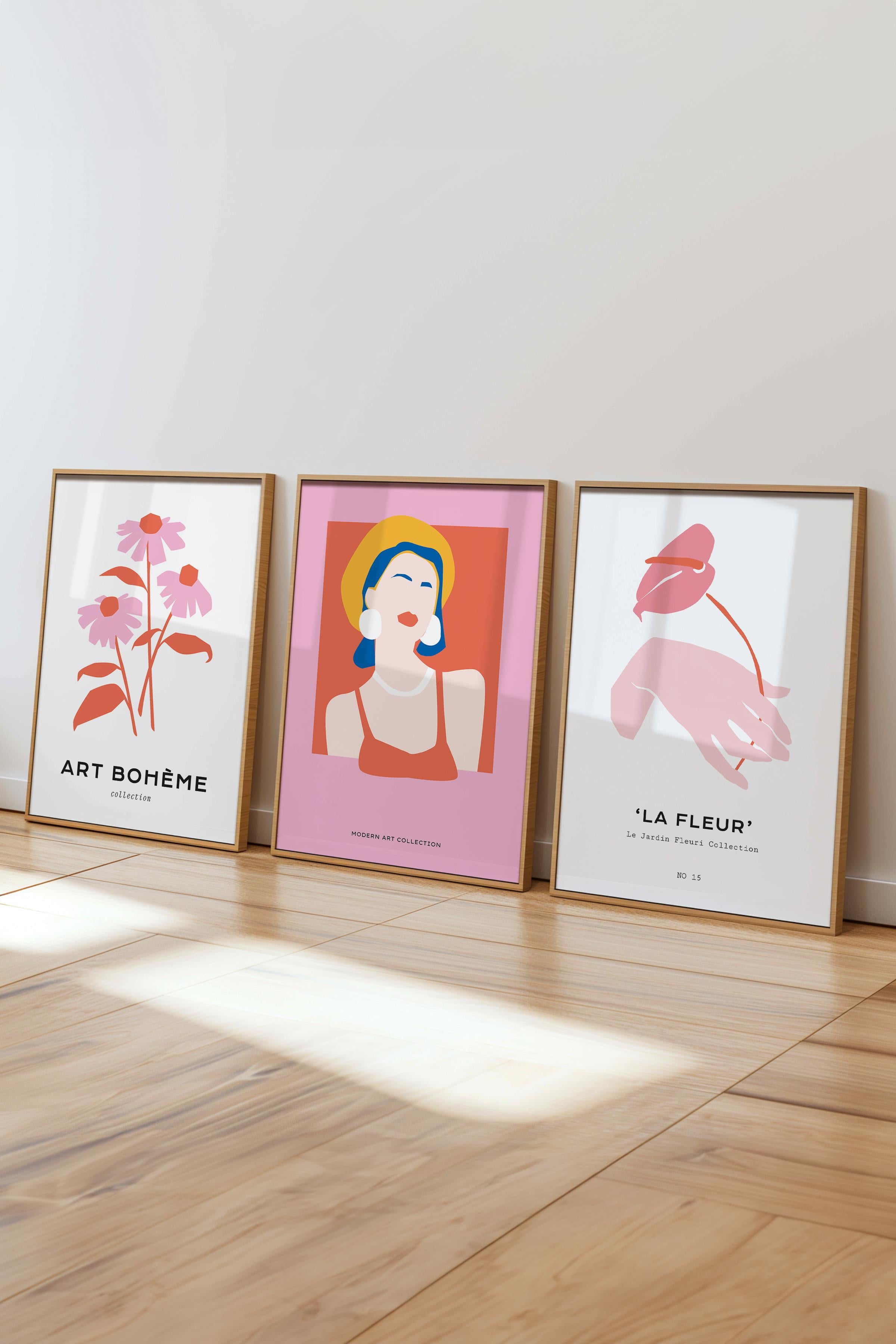 Çerçeveli Tablo Seti, 3 Adet Ahşap Çerçeve ve Soft Pembe Minimalist Temalı Poster Seti, No:300459