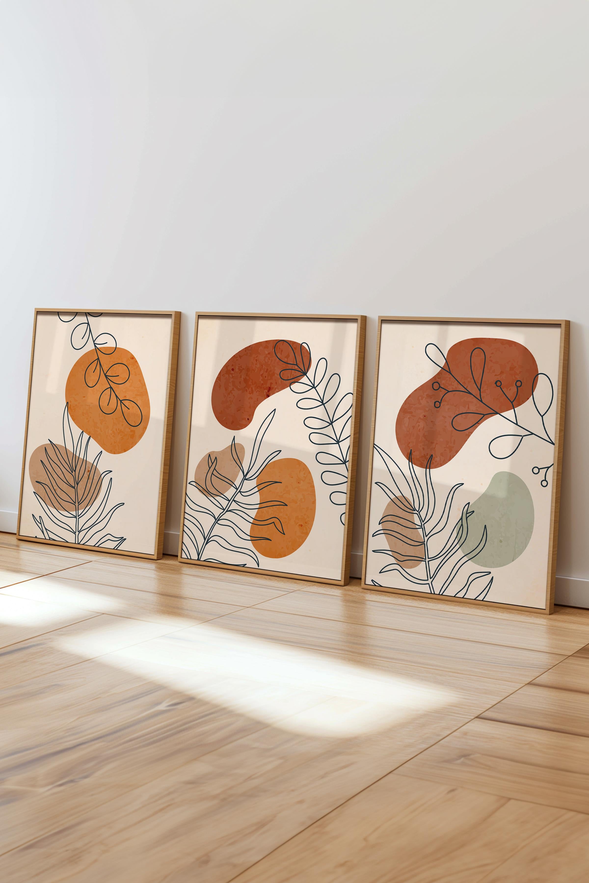 Çerçeveli Tablo Seti, 3 Adet Ahşap Çerçeve ve Soyut Botanik Temalı Poster Seti, No:300666
