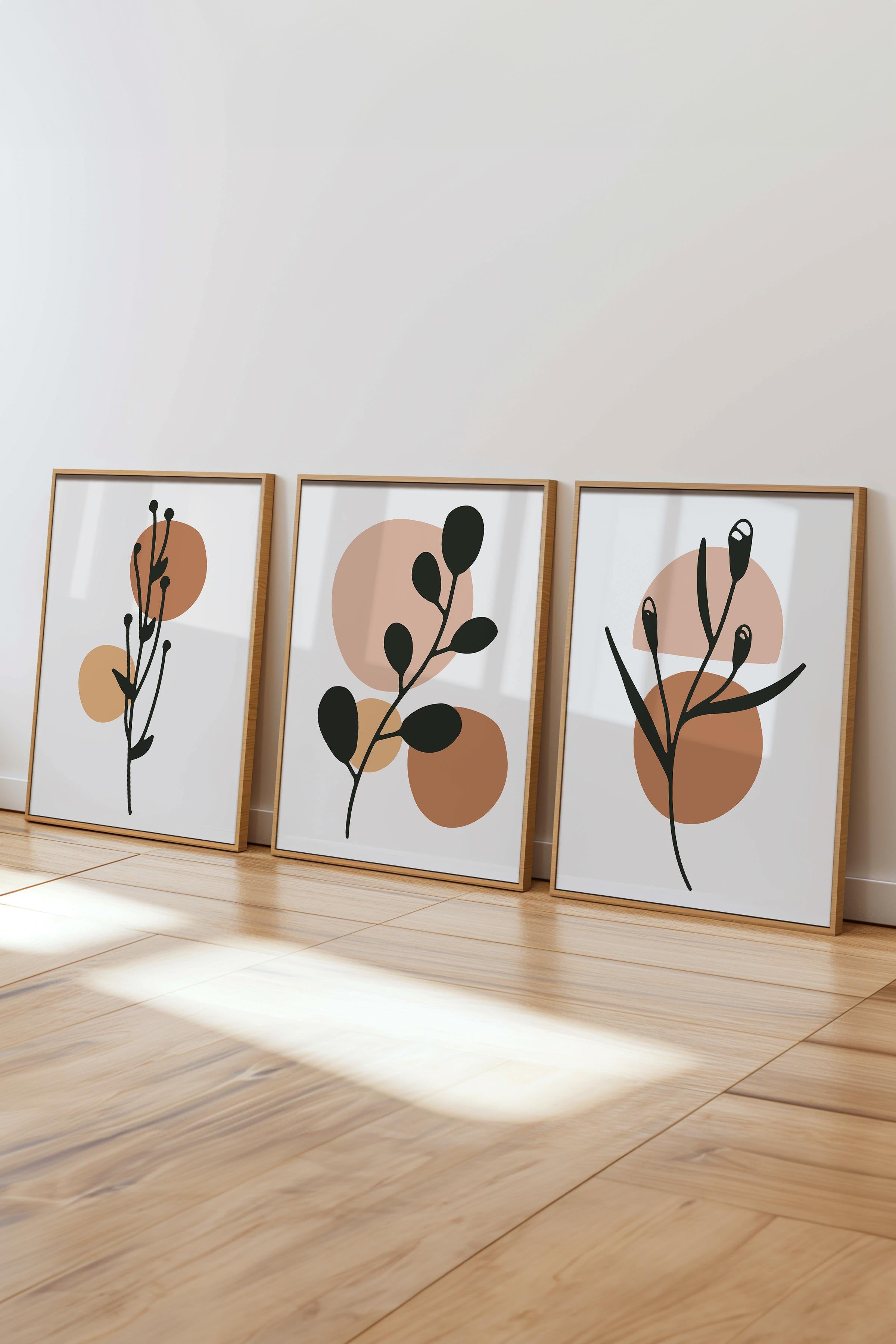 Çerçeveli Tablo Seti, 3 Adet Ahşap Çerçeve ve Soyut Botanik Temalı Poster Seti, No:300677