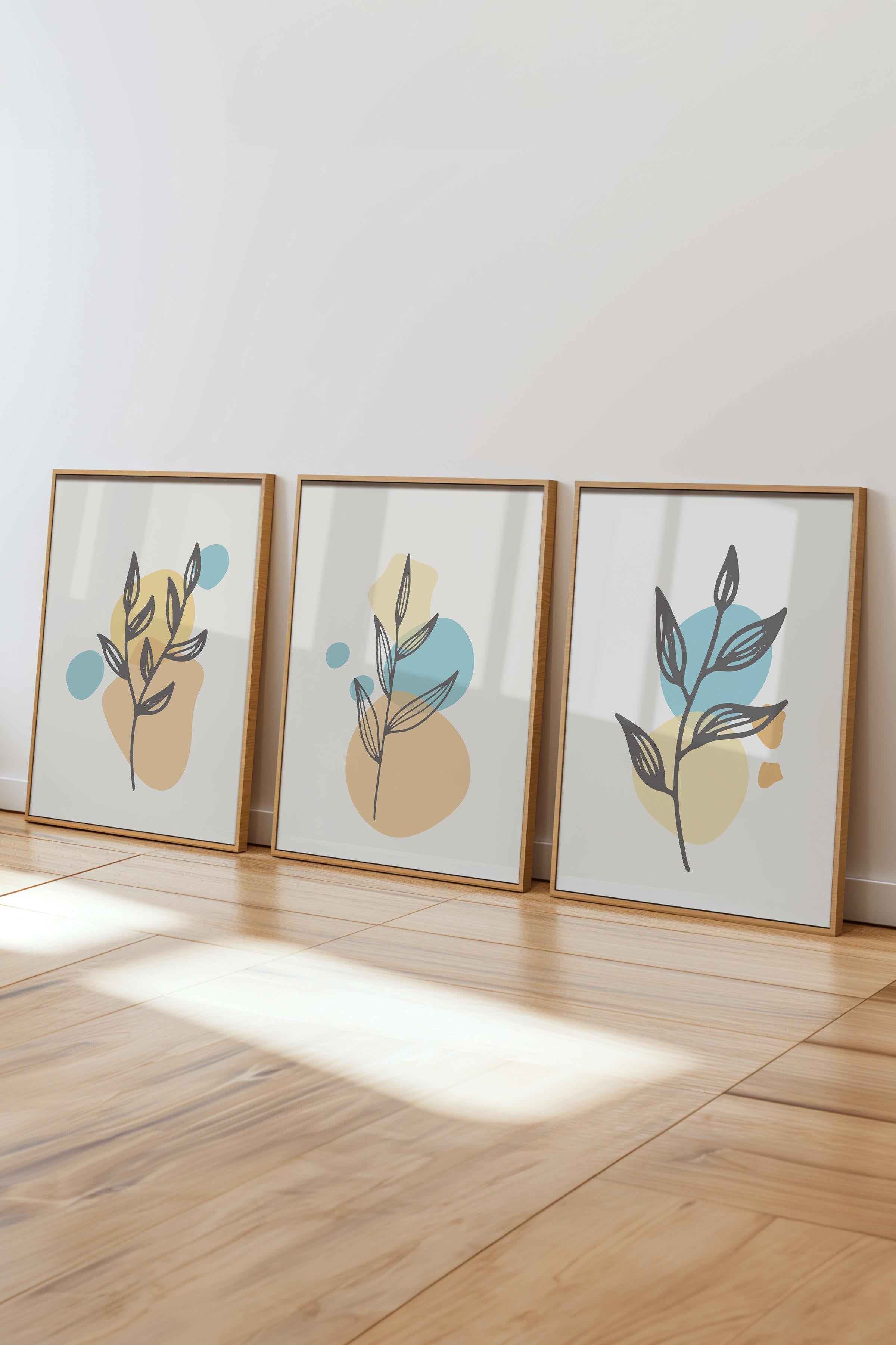 Çerçeveli Tablo Seti, 3 Adet Ahşap Çerçeve ve Soyut Botanik Temalı Poster Seti, No:300681