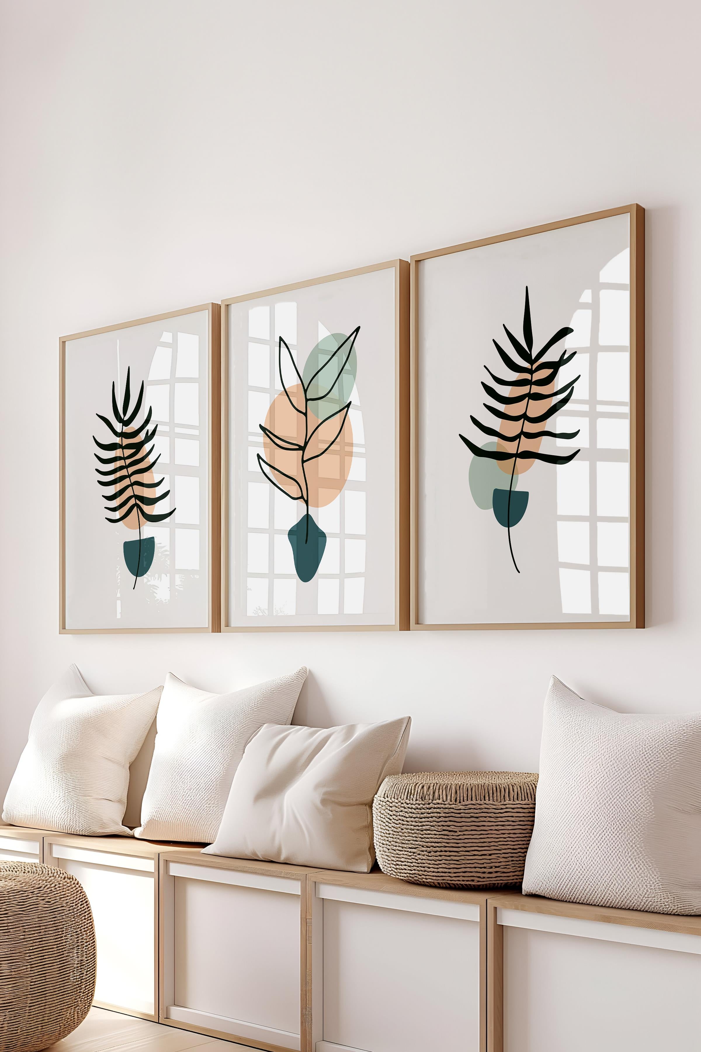 Çerçeveli Tablo Seti, 3 Adet Ahşap Çerçeve ve Soyut Botanik Temalı Poster Seti, No:300683