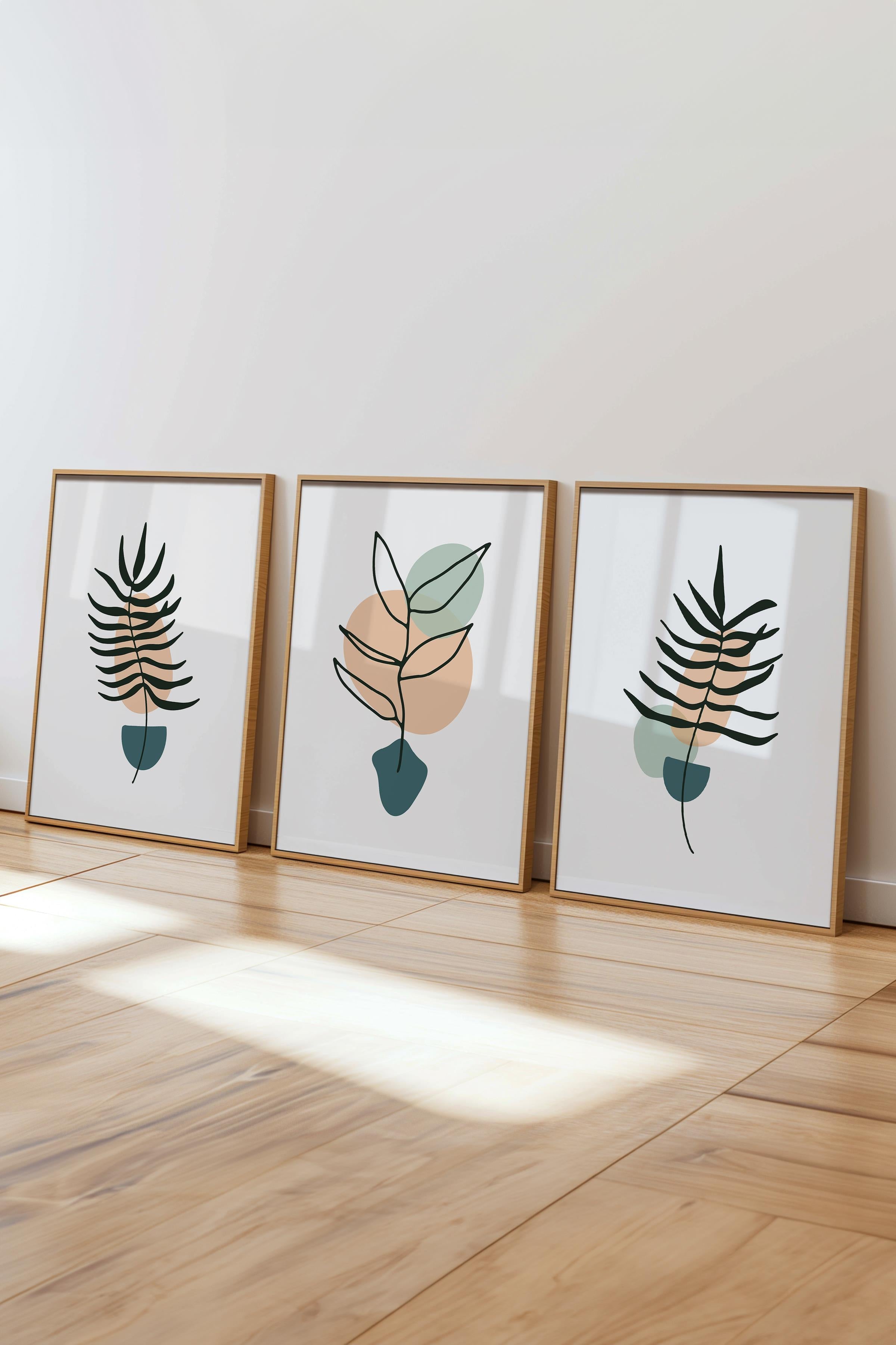 Çerçeveli Tablo Seti, 3 Adet Ahşap Çerçeve ve Soyut Botanik Temalı Poster Seti, No:300683