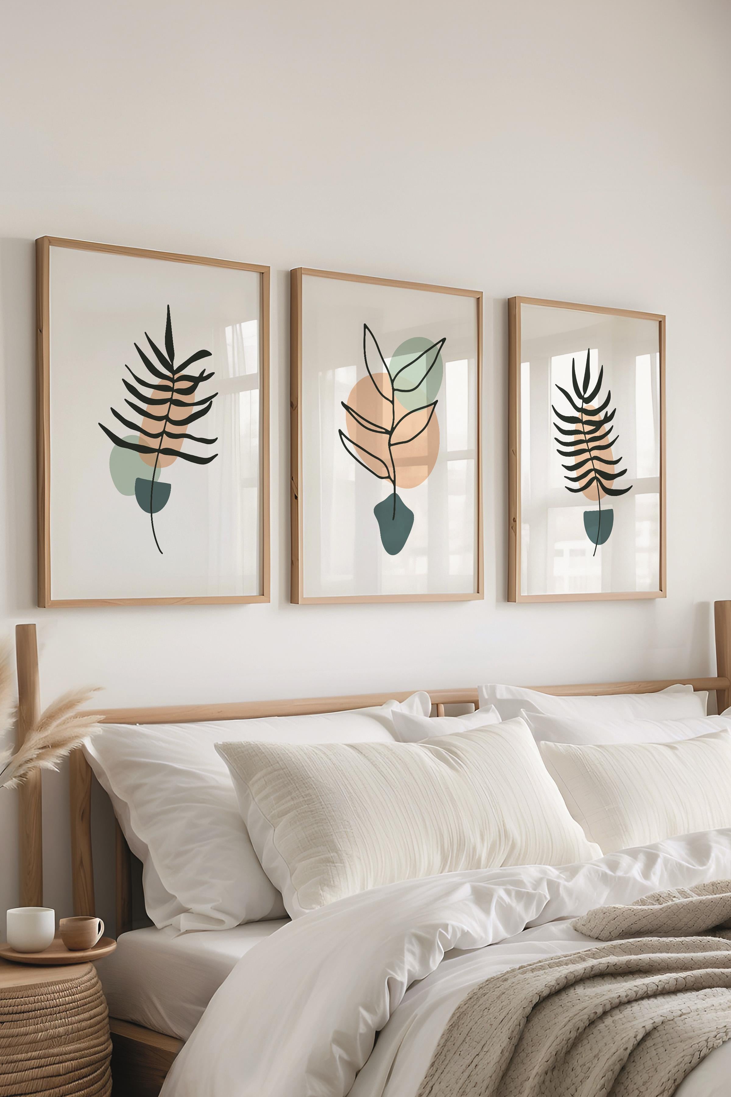 Çerçeveli Tablo Seti, 3 Adet Ahşap Çerçeve ve Soyut Botanik Temalı Poster Seti, No:300683