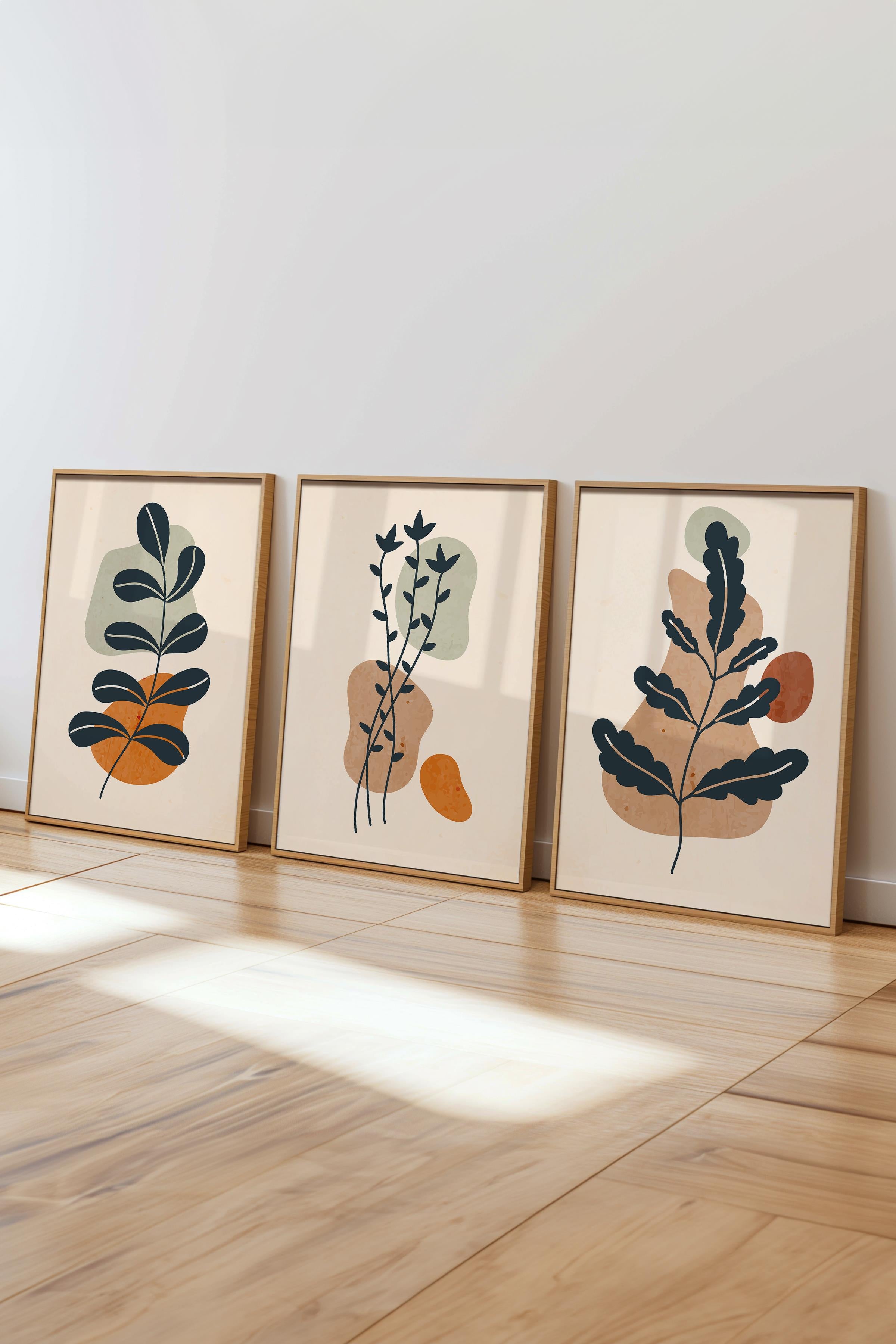 Çerçeveli Tablo Seti, 3 Adet Ahşap Çerçeve ve Soyut Botanik Temalı Poster Seti, No:300684