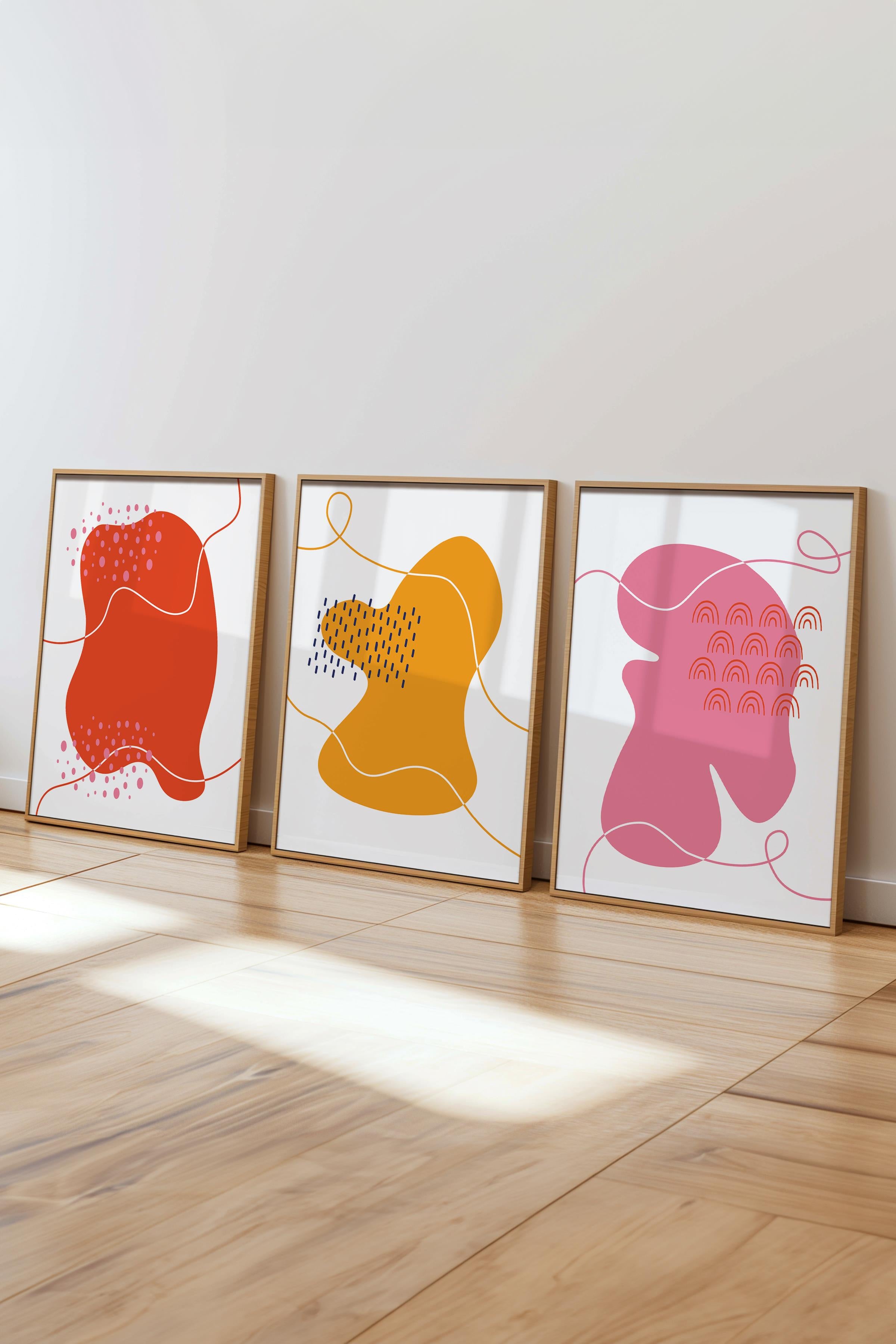 Çerçeveli Tablo Seti, 3 Adet Ahşap Çerçeve ve Soyut Temalı Poster Seti, Duvar Tablosu No:300641