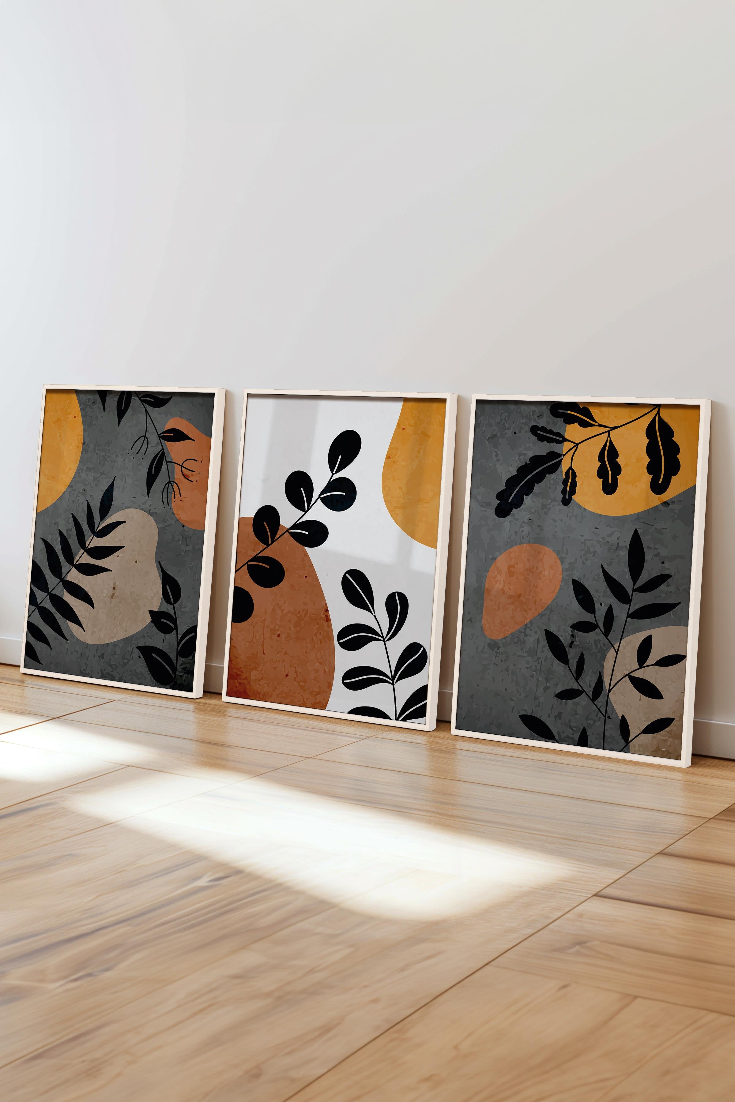 Çerçeveli Tablo Seti, 3 Adet Beyaz Çerçeve ve Boho Temalı Poster Seti, Duvar Tablosu No:300637