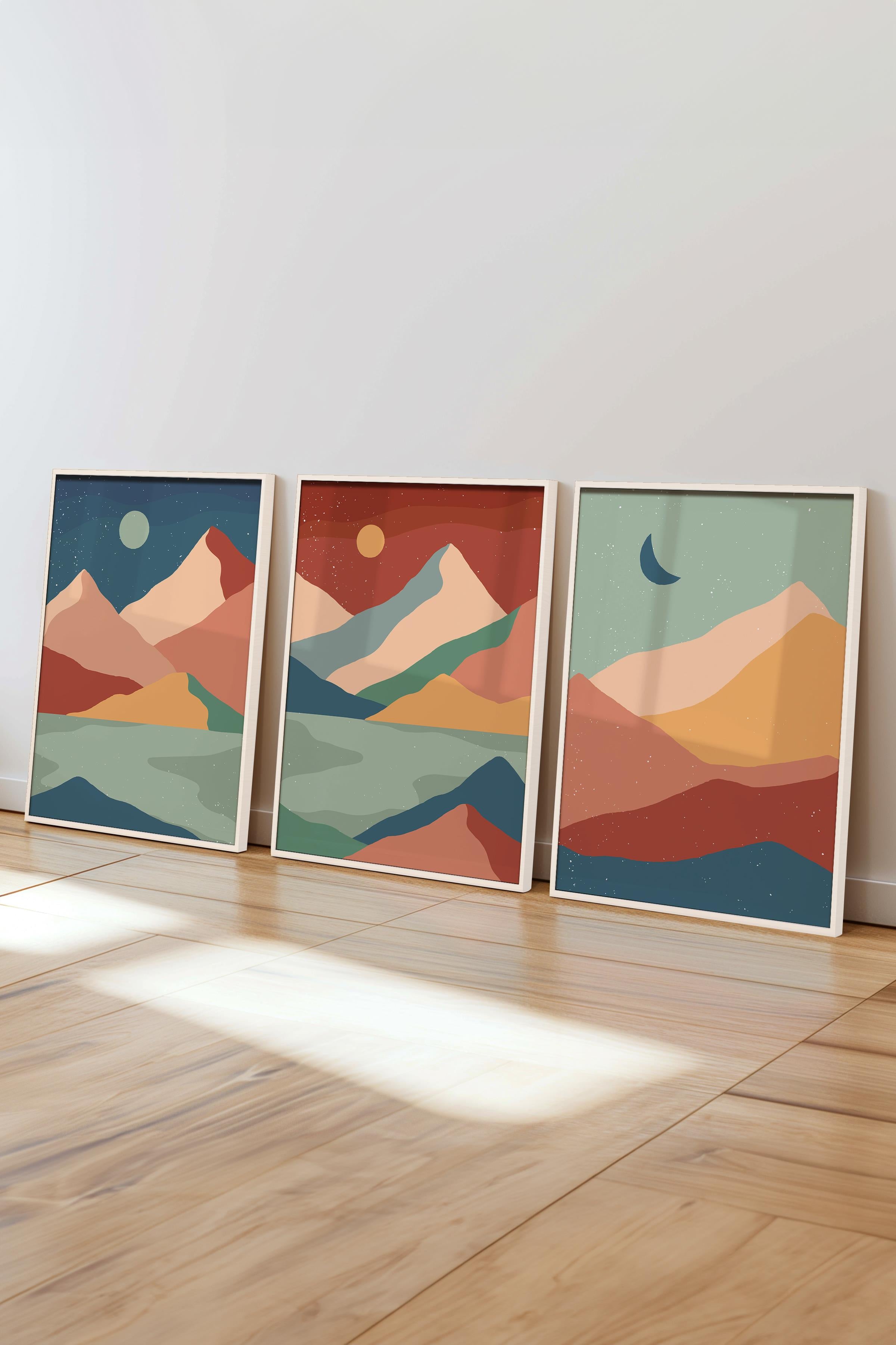 Çerçeveli Tablo Seti, 3 Adet Beyaz Çerçeve ve Boho Temalı Poster Seti, Duvar Tablosu No:300639