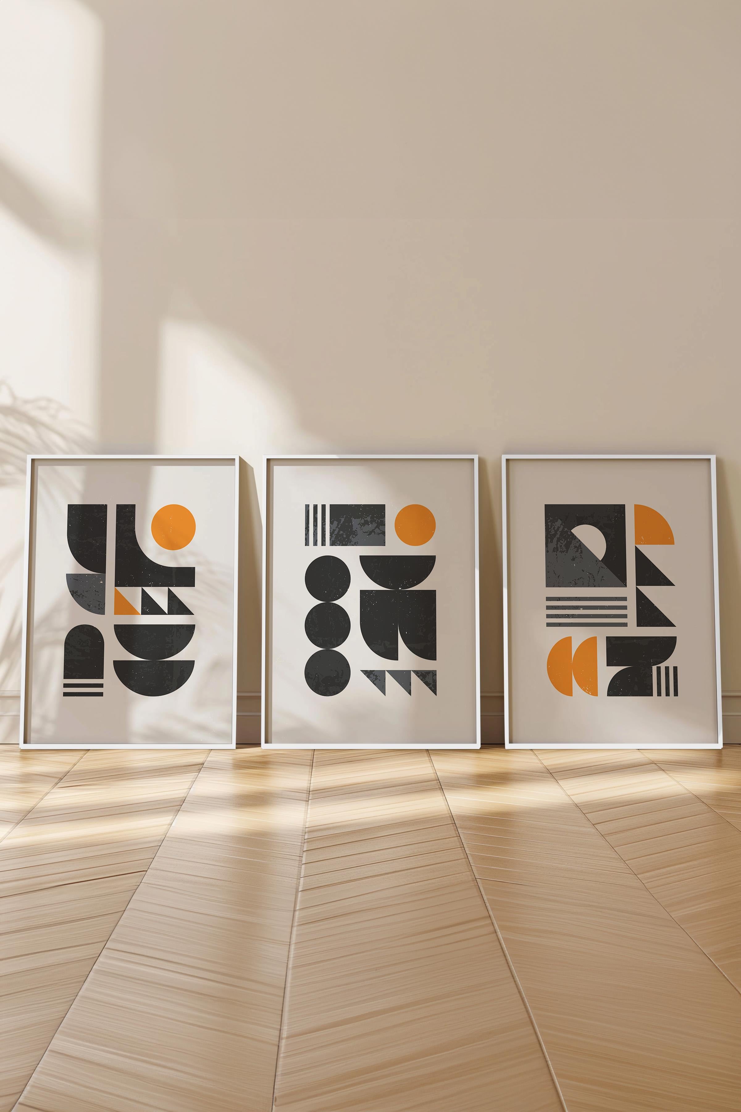 Çerçeveli Tablo Seti, 3 Adet Beyaz Çerçeve ve Geometrik Temalı Poster Seti, Duvar Tablosu No:300644