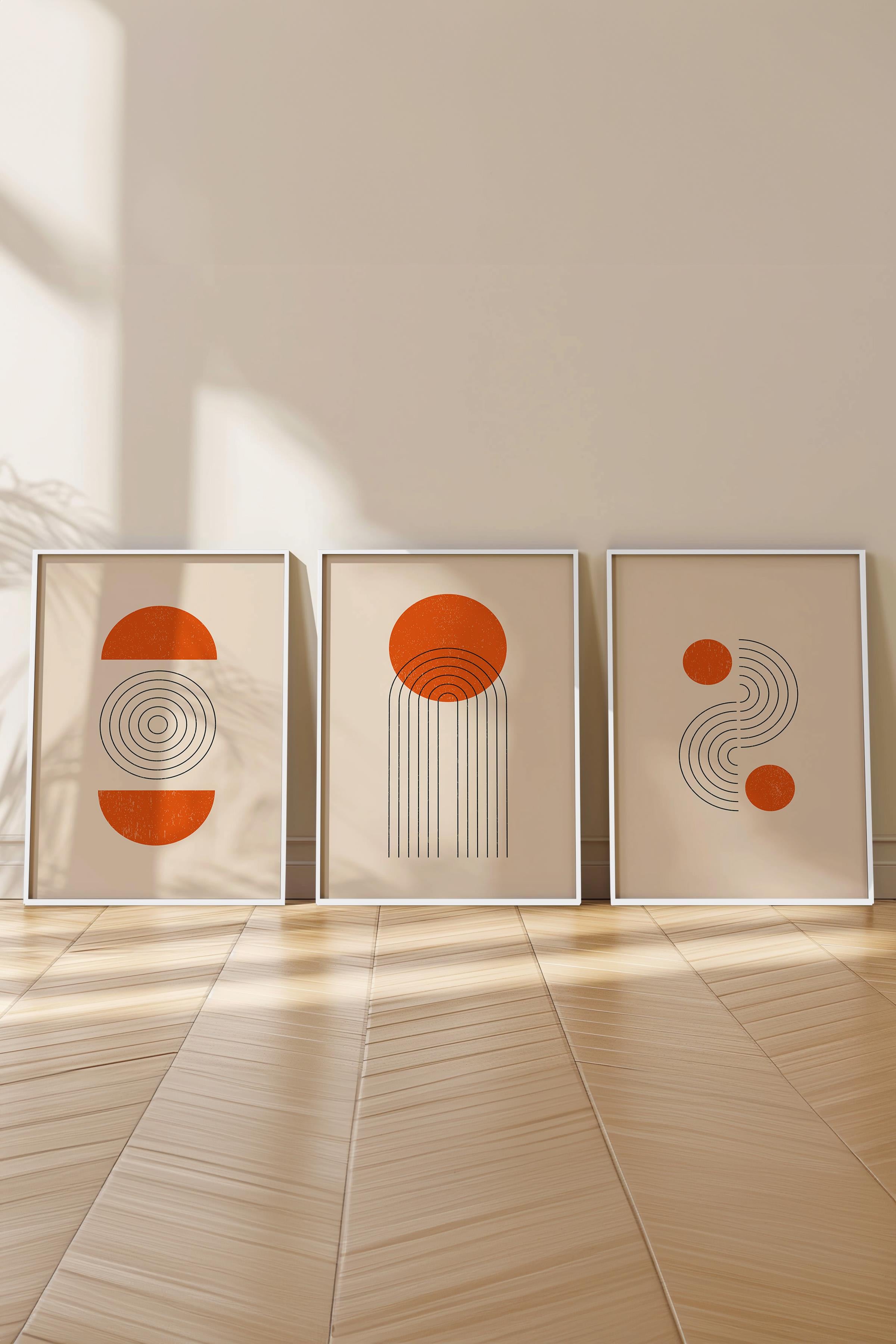 Çerçeveli Tablo Seti, 3 Adet Beyaz Çerçeve ve Geometrik Temalı Poster Seti, Duvar Tablosu No:300645