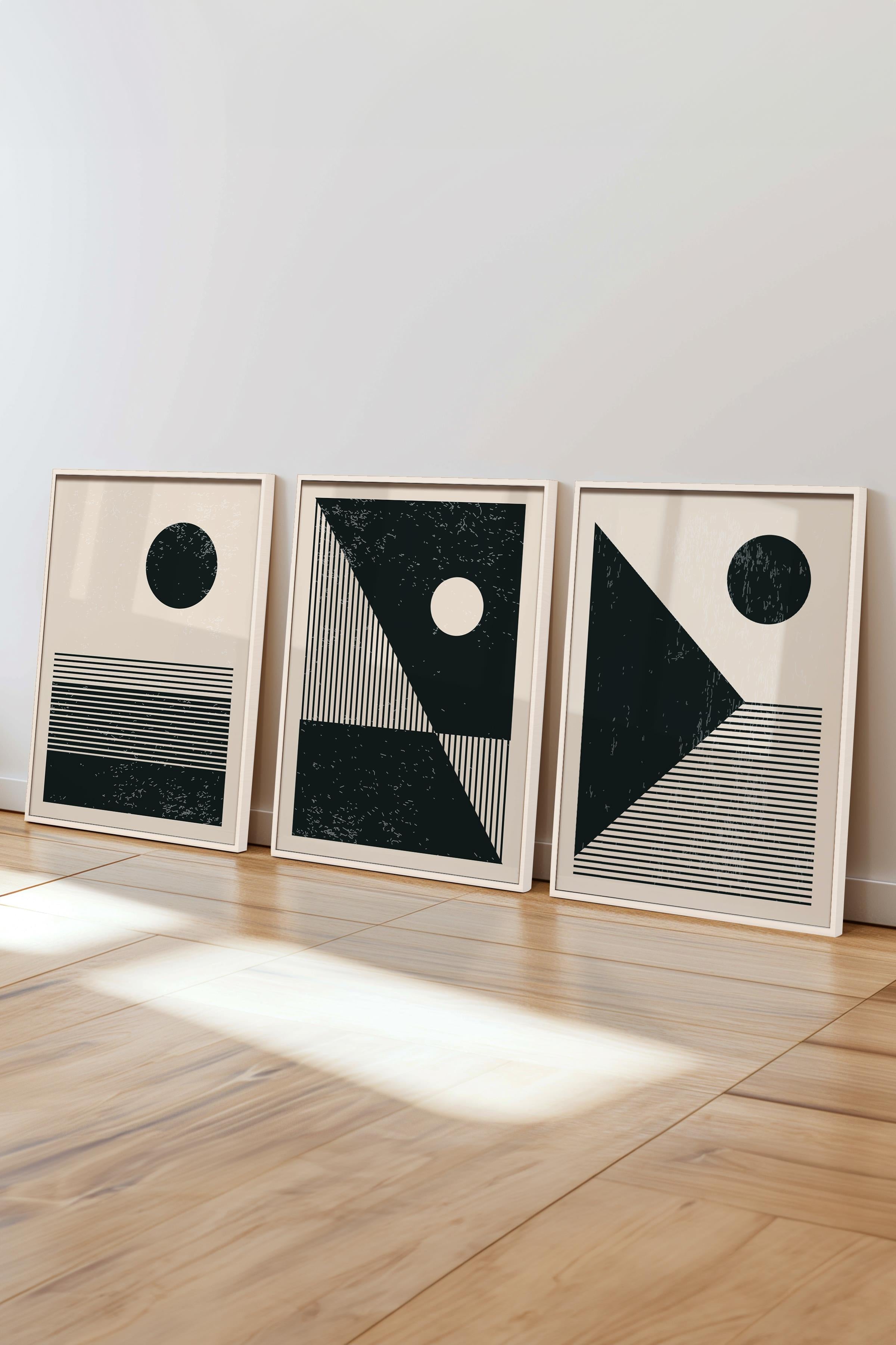 Çerçeveli Tablo Seti, 3 Adet Beyaz Çerçeve ve Geometrik Temalı Poster Seti, Duvar Tablosu No:300650