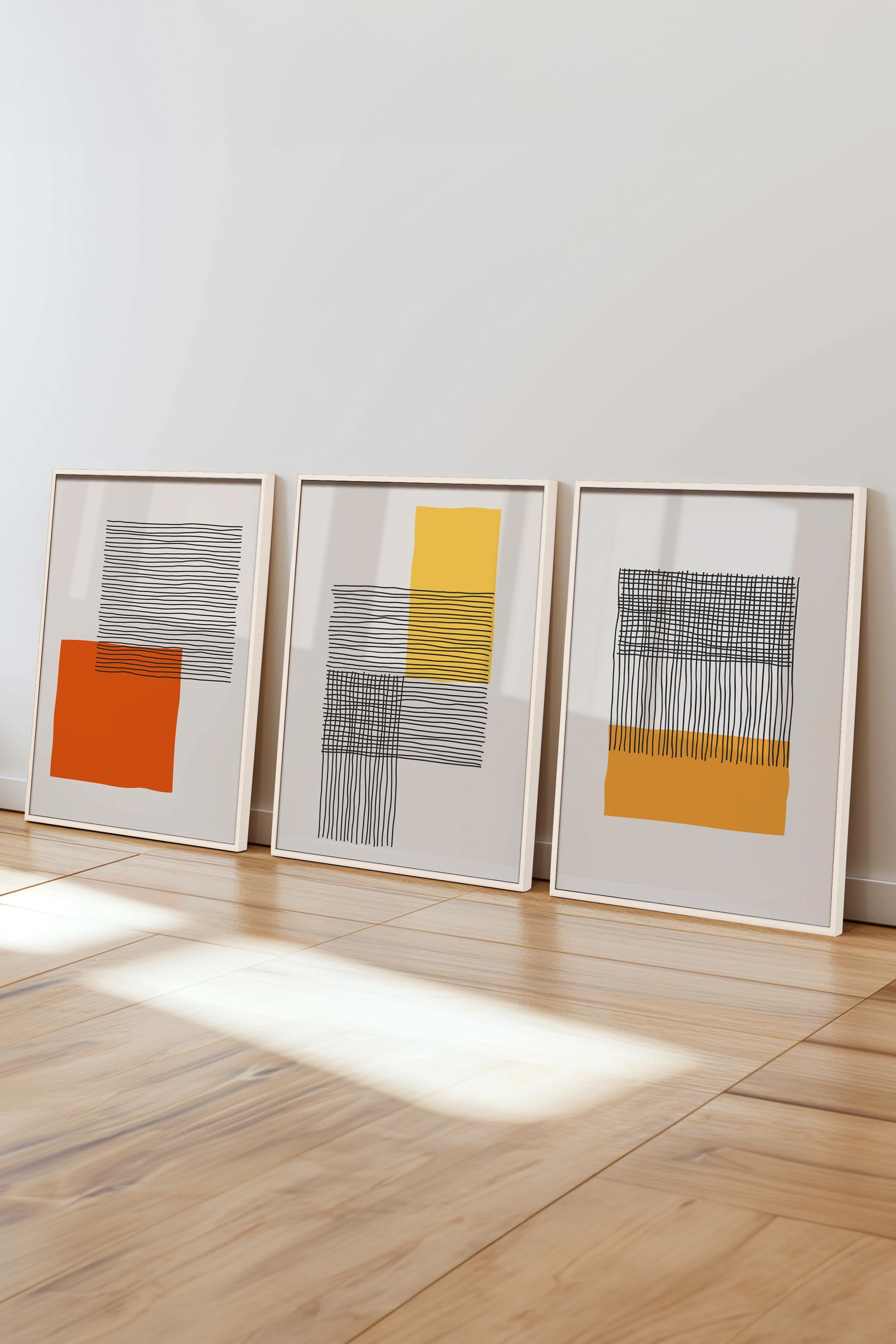 Çerçeveli Tablo Seti, 3 Adet Beyaz Çerçeve ve Geometrik Temalı Poster Seti, Duvar Tablosu No:300651