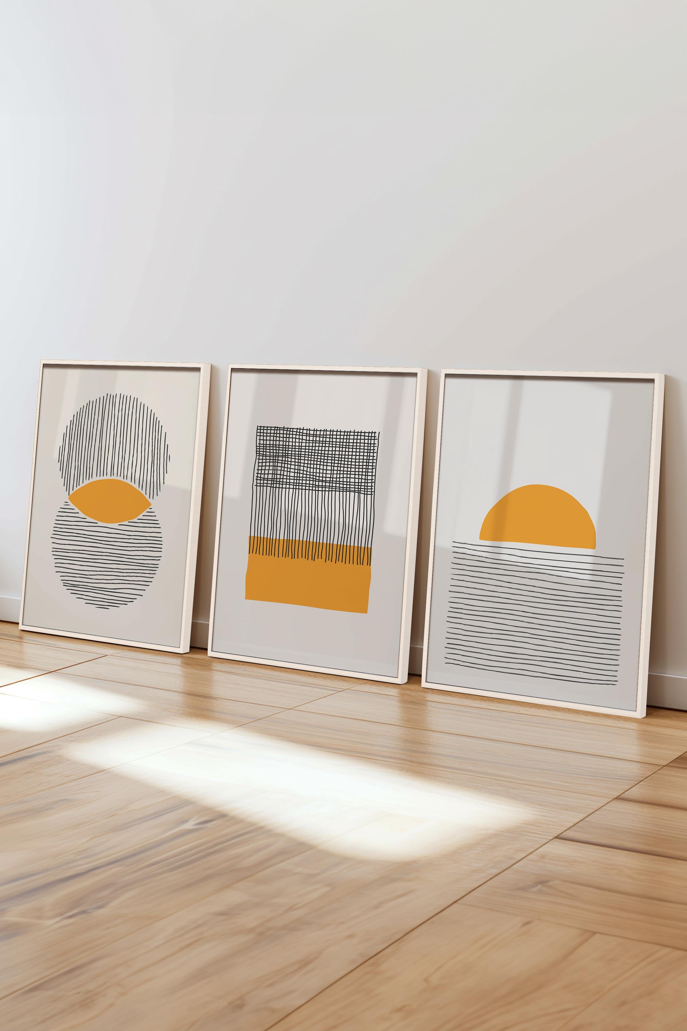 Çerçeveli Tablo Seti, 3 Adet Beyaz Çerçeve ve Geometrik Temalı Poster Seti, Duvar Tablosu No:300654