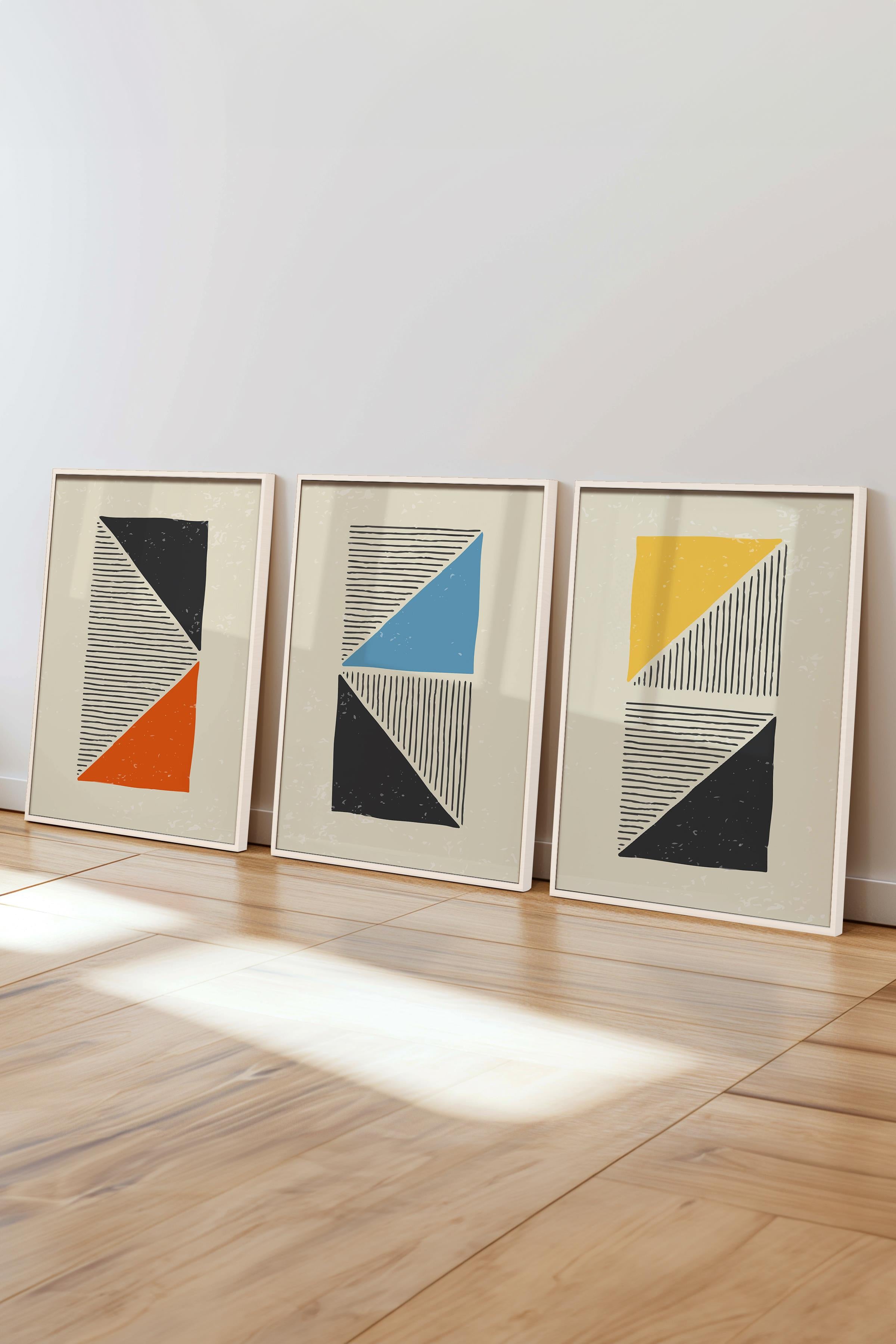 Çerçeveli Tablo Seti, 3 Adet Beyaz Çerçeve ve Geometrik Temalı Poster Seti, Duvar Tablosu No:300656