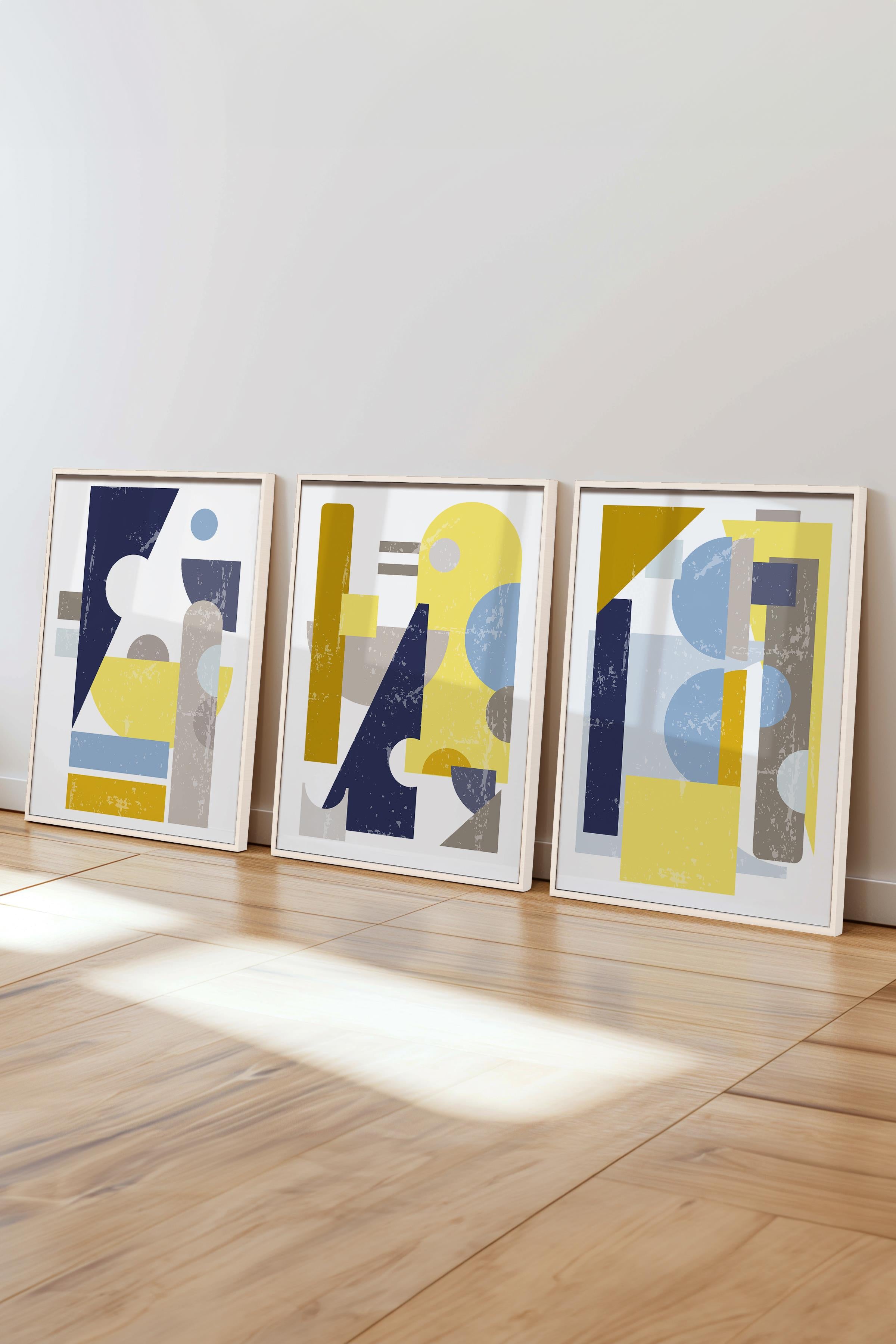 Çerçeveli Tablo Seti, 3 Adet Beyaz Çerçeve ve Geometrik Temalı Poster Seti, Duvar Tablosu No:300663