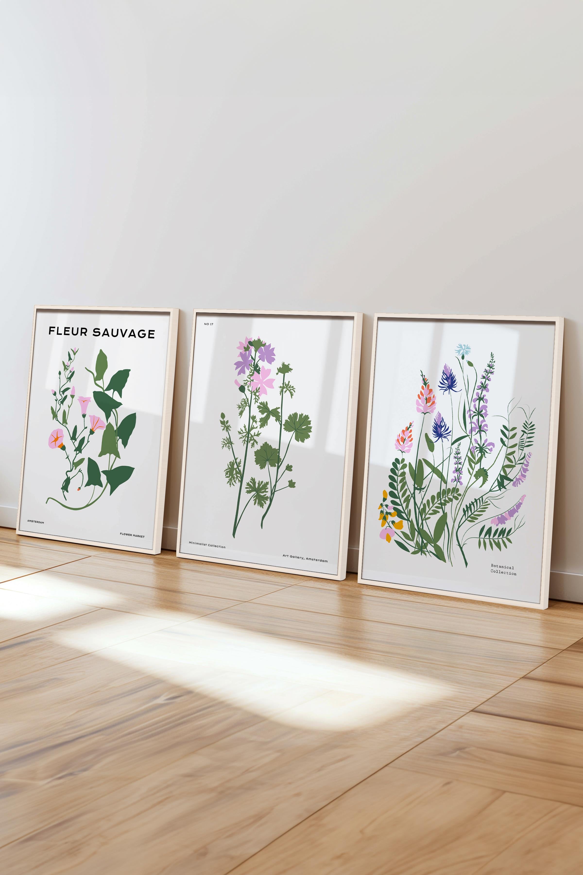 Çerçeveli Tablo Seti, 3 Adet Beyaz Çerçeve ve Minimalist Botanik Temalı Poster Seti, No:300480