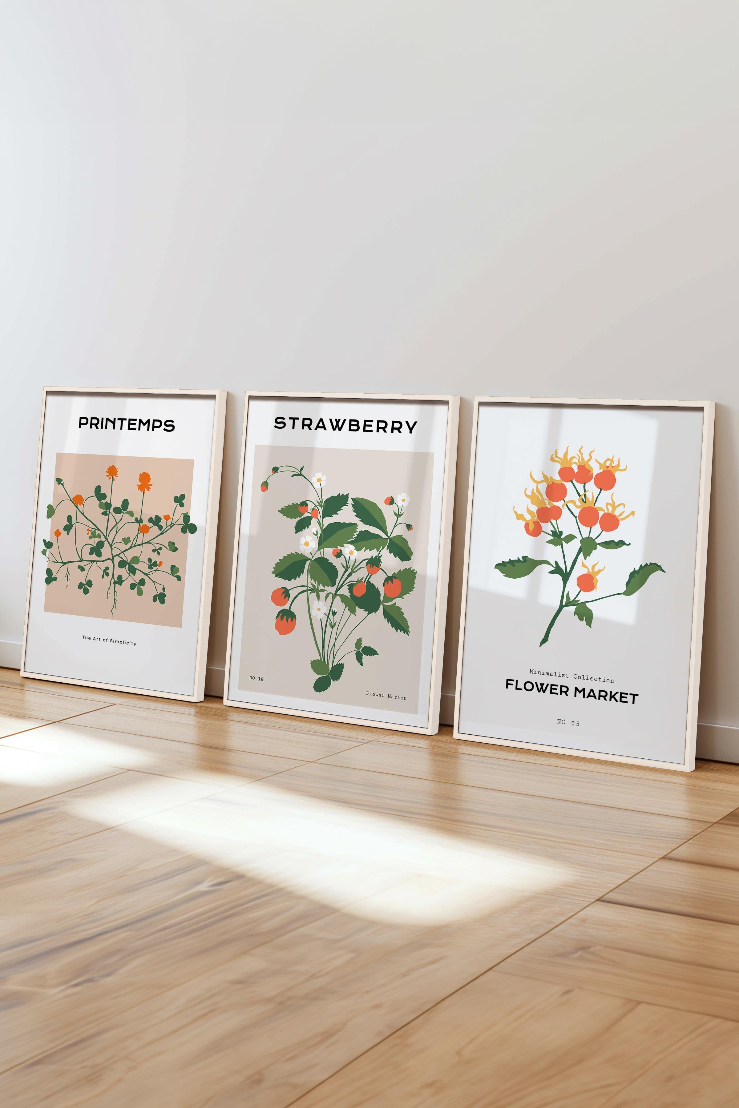 Çerçeveli Tablo Seti, 3 Adet Beyaz Çerçeve ve Minimalist Çiçekler Temalı Poster Seti, No:300483