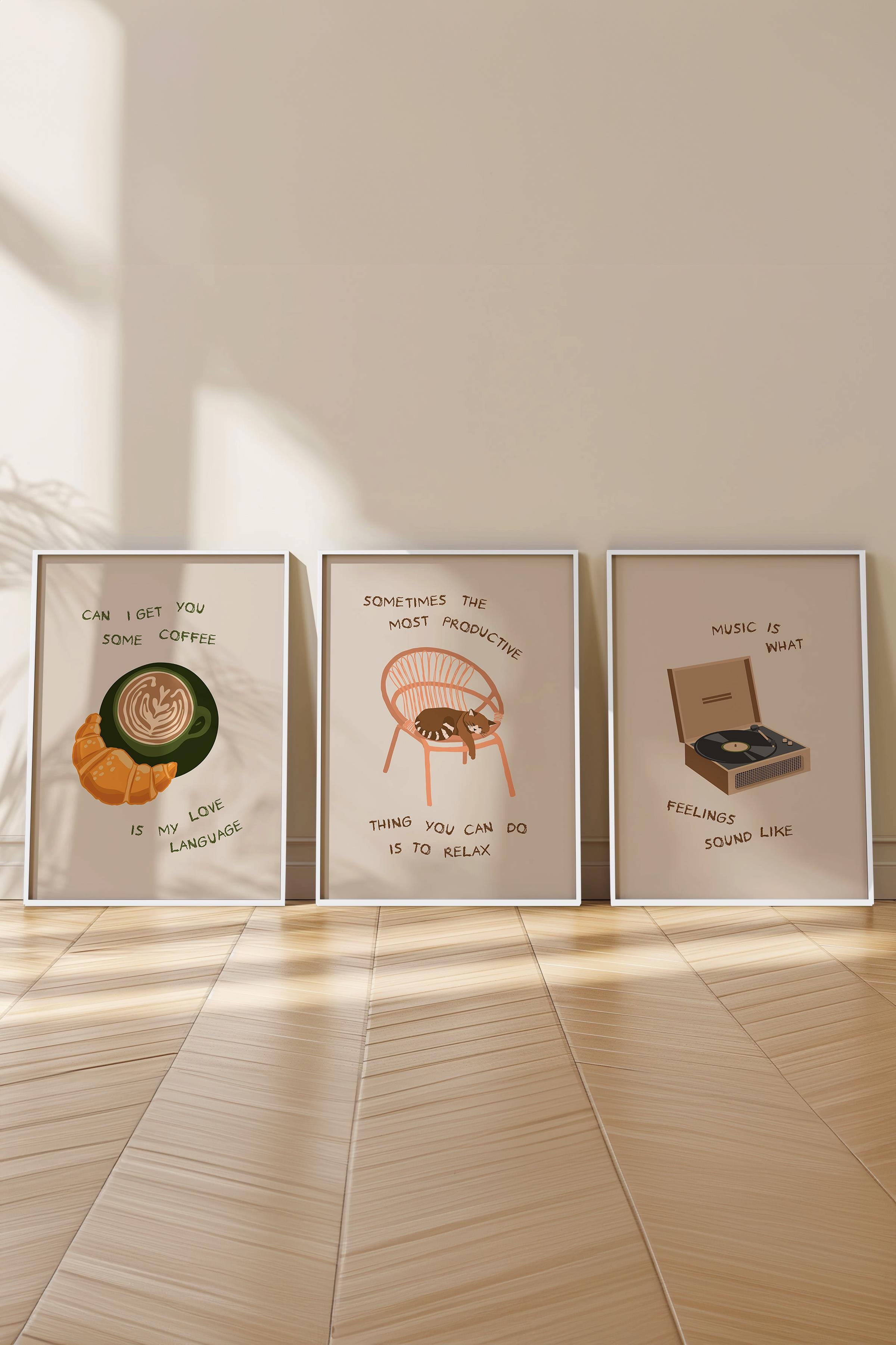 Çerçeveli Tablo Seti, 3 Adet Beyaz Çerçeve ve Minimalist Çizim Temalı Poster Seti, No:300531