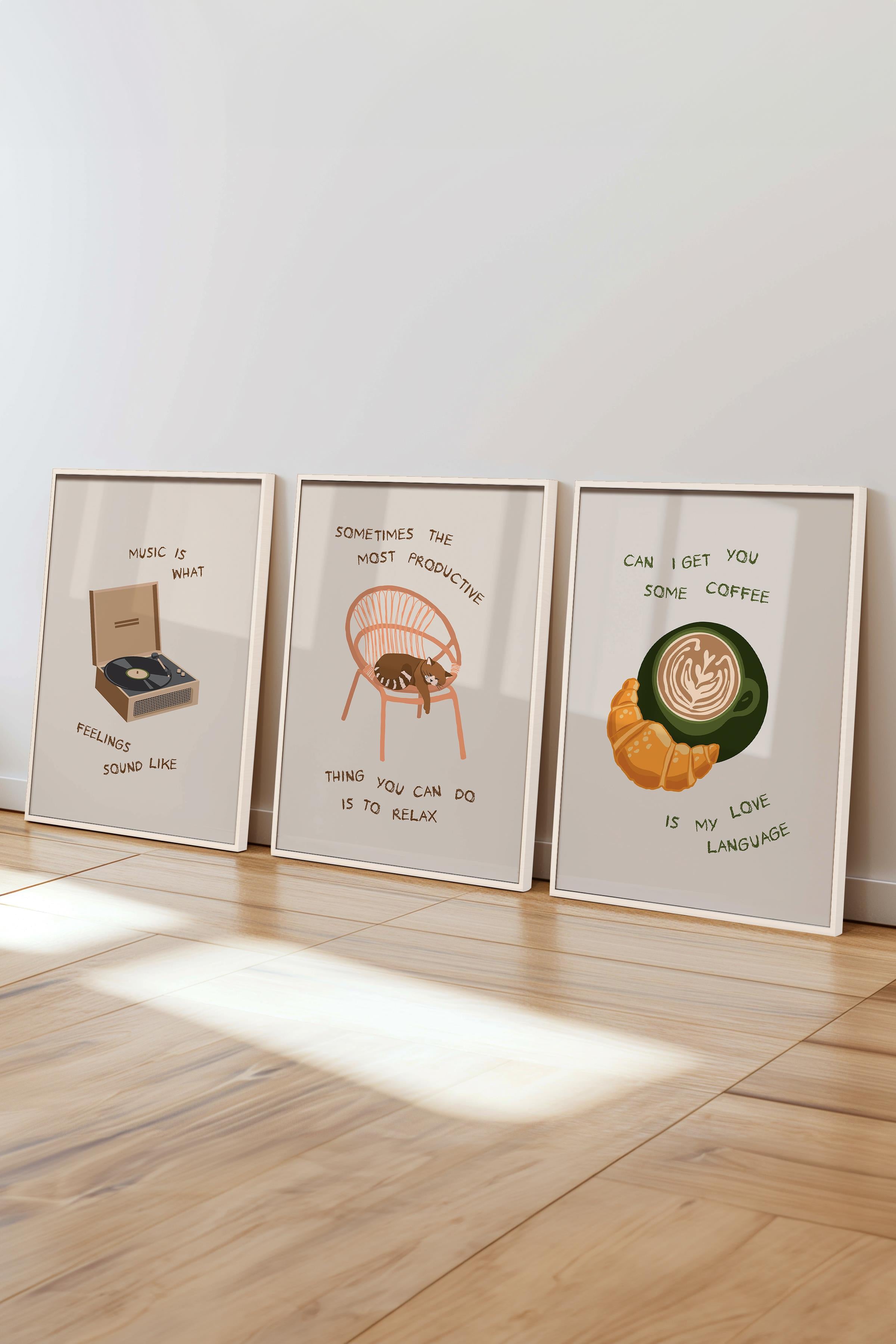 Çerçeveli Tablo Seti, 3 Adet Beyaz Çerçeve ve Minimalist Çizim Temalı Poster Seti, No:300531