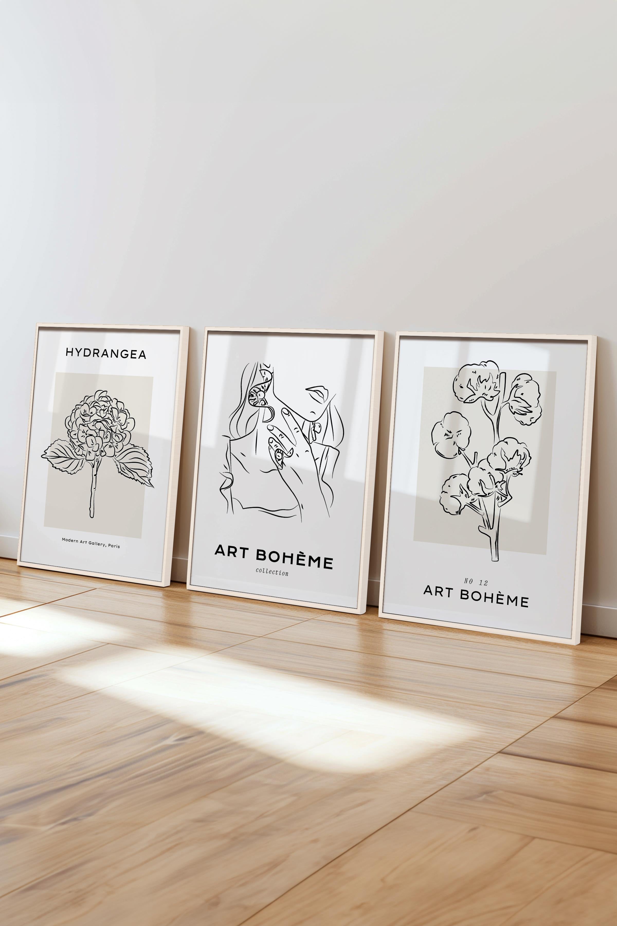 Çerçeveli Tablo Seti, 3 Adet Beyaz Çerçeve ve Minimalist Çizim Temalı Poster Seti, No:300545