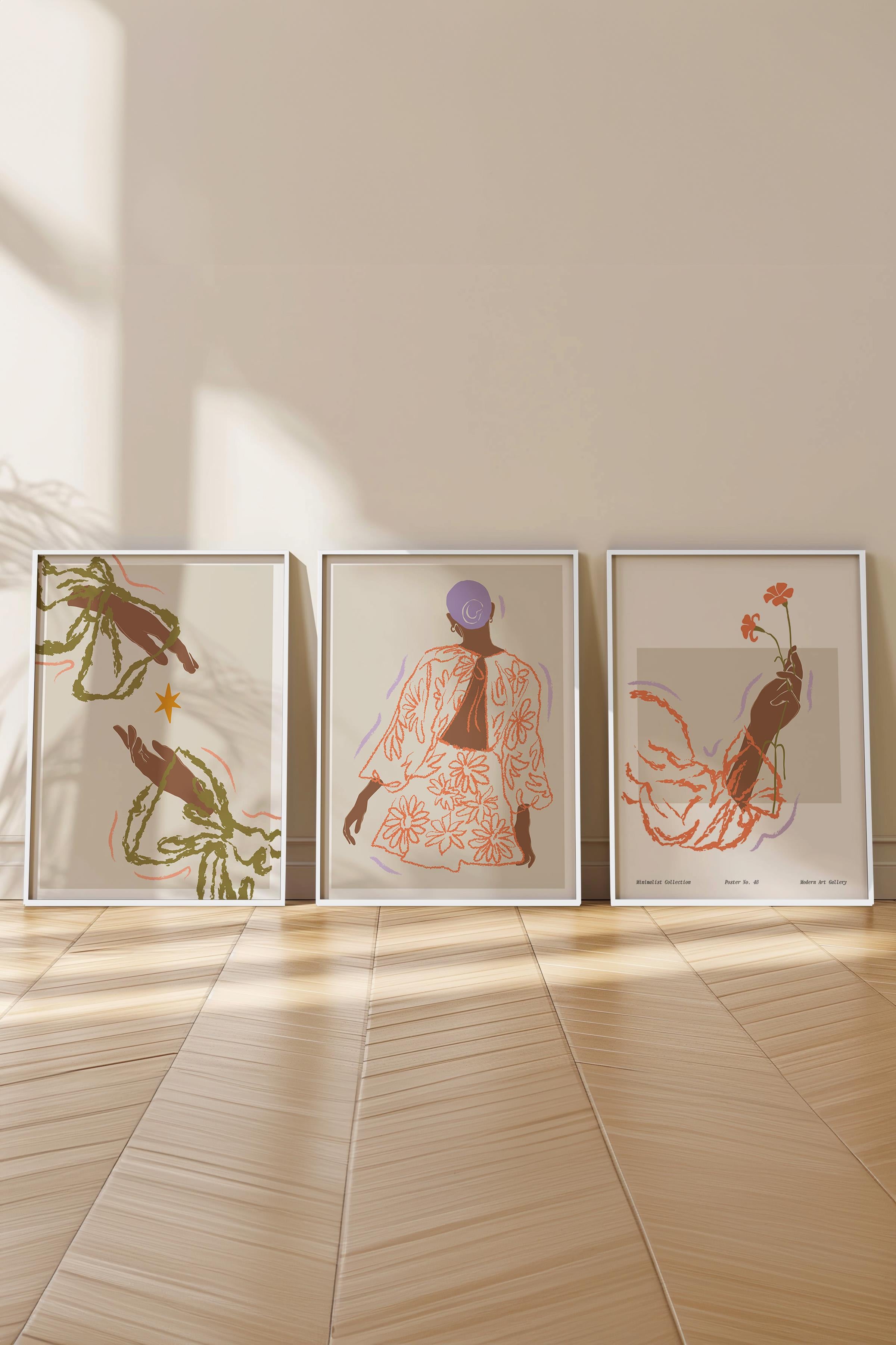 Çerçeveli Tablo Seti, 3 Adet Beyaz Çerçeve ve Minimalist Çizim Temalı Poster Seti, No:300582