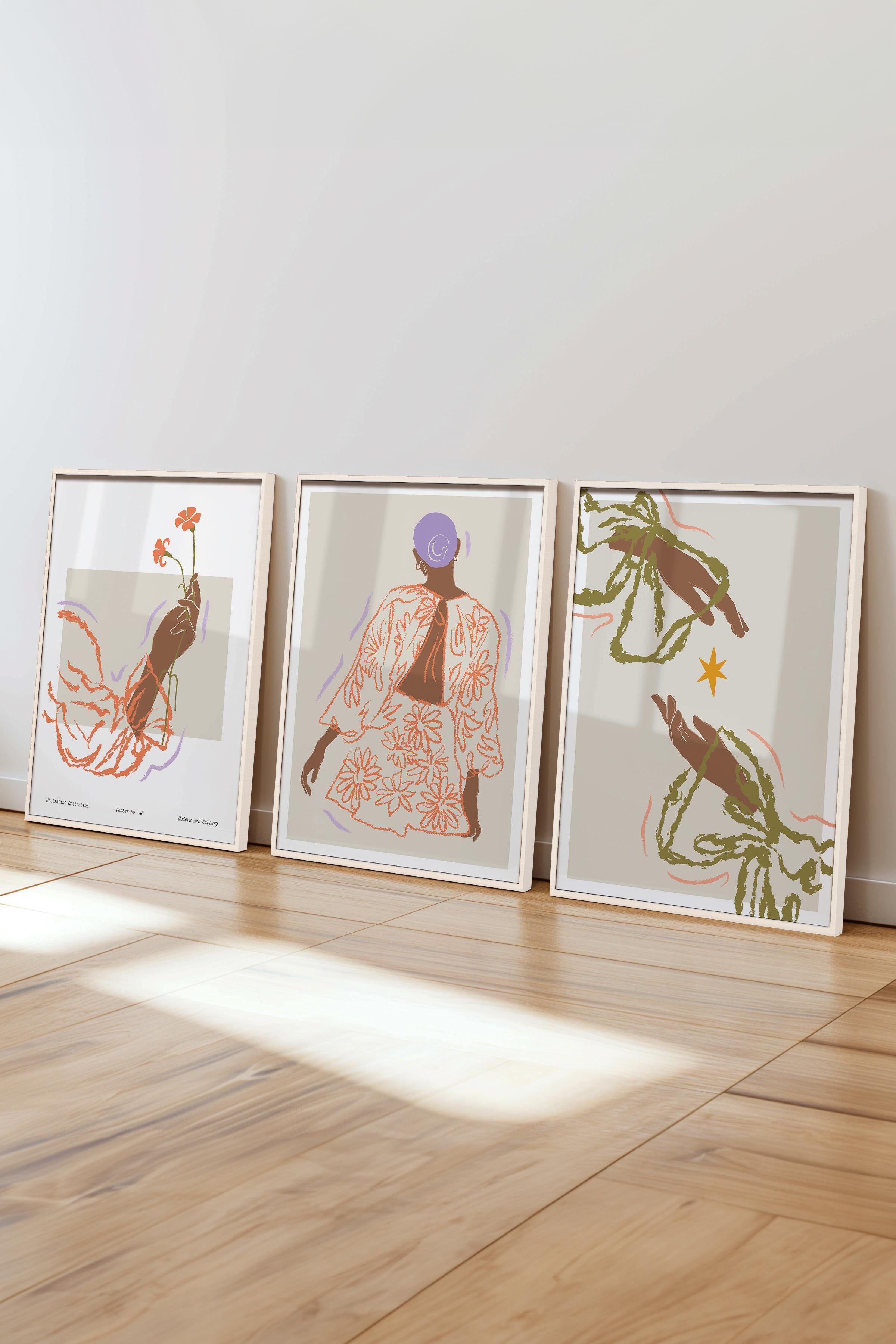 Çerçeveli Tablo Seti, 3 Adet Beyaz Çerçeve ve Minimalist Çizim Temalı Poster Seti, No:300582