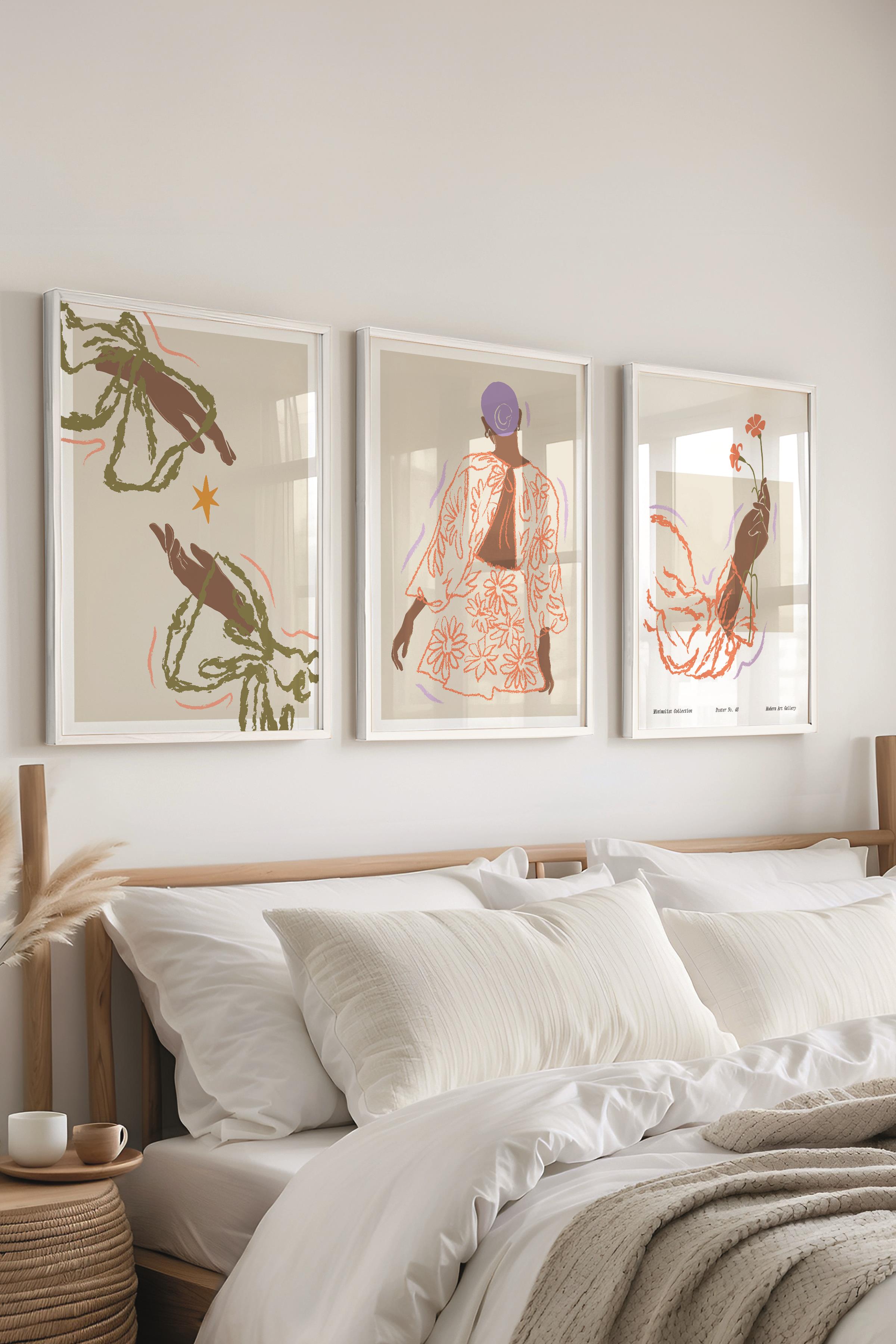 Çerçeveli Tablo Seti, 3 Adet Beyaz Çerçeve ve Minimalist Çizim Temalı Poster Seti, No:300582