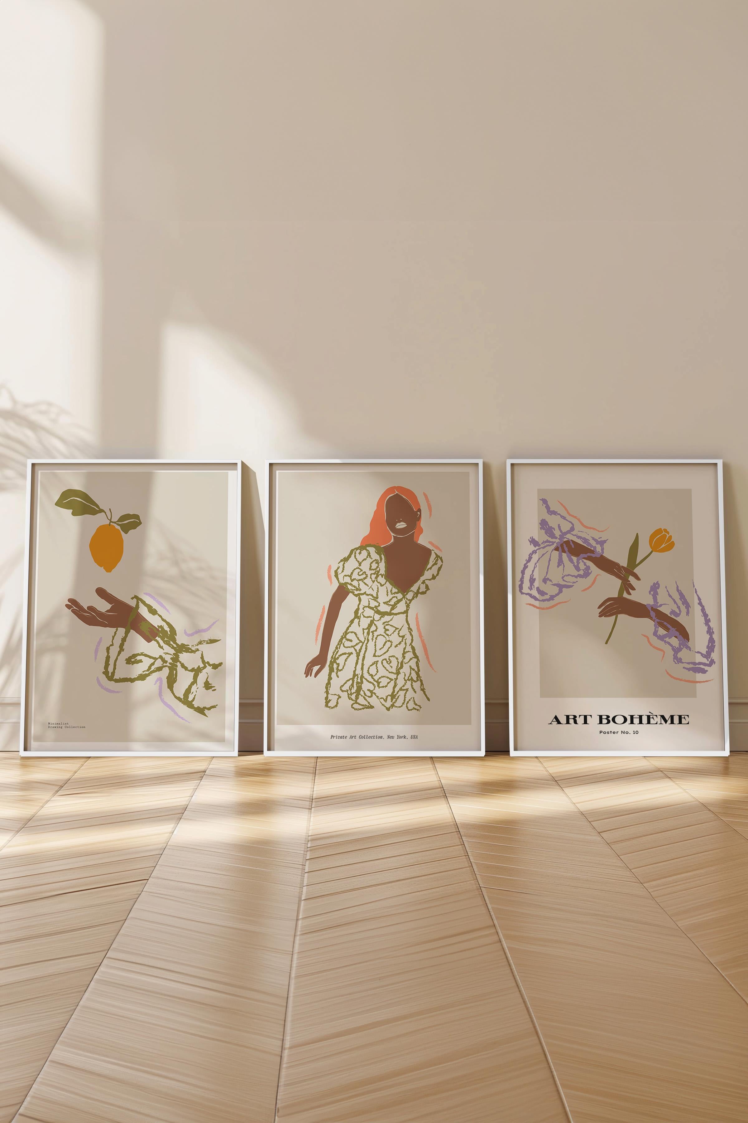 Çerçeveli Tablo Seti, 3 Adet Beyaz Çerçeve ve Minimalist Çizim Temalı Poster Seti, No:300583