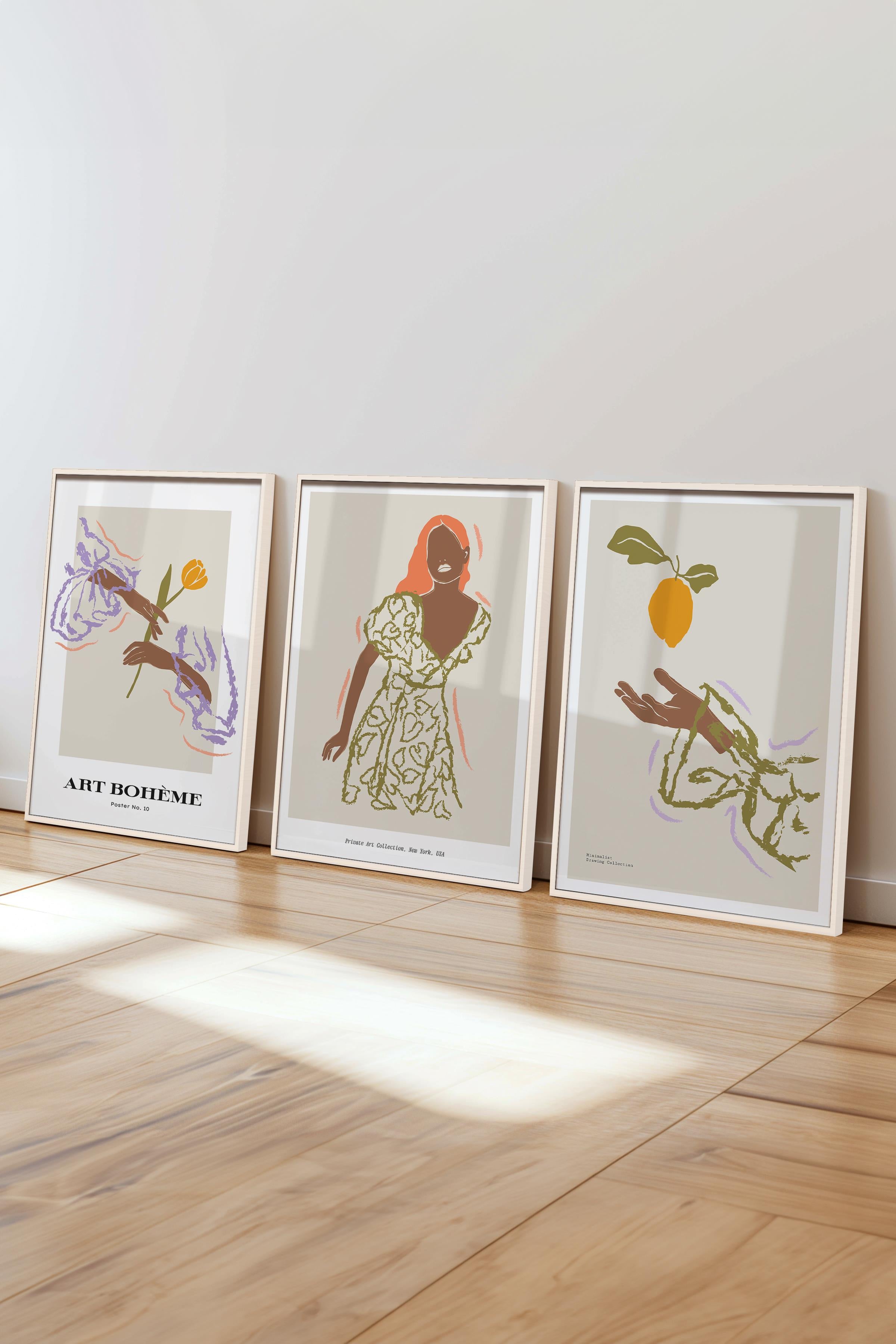 Çerçeveli Tablo Seti, 3 Adet Beyaz Çerçeve ve Minimalist Çizim Temalı Poster Seti, No:300583