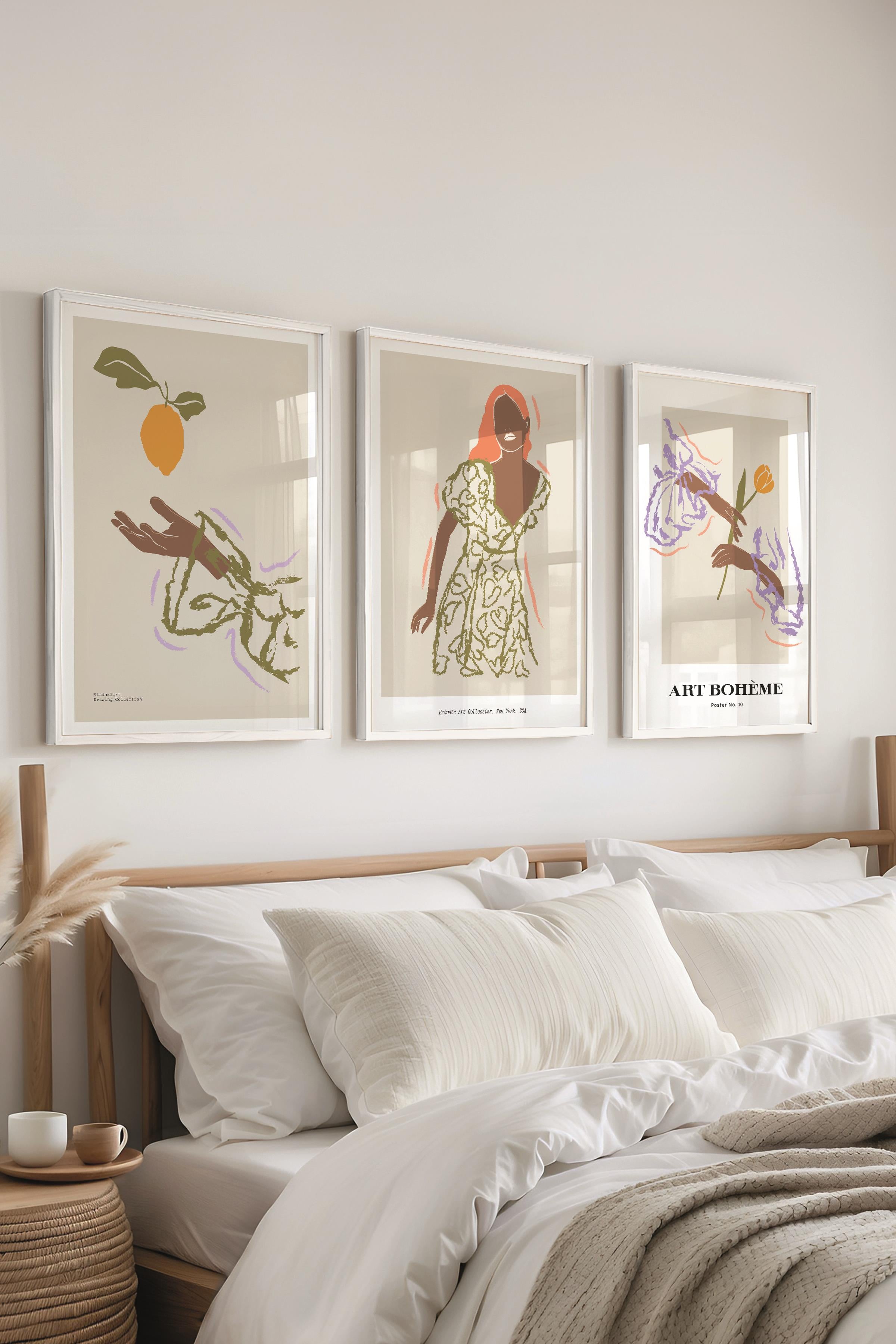 Çerçeveli Tablo Seti, 3 Adet Beyaz Çerçeve ve Minimalist Çizim Temalı Poster Seti, No:300583