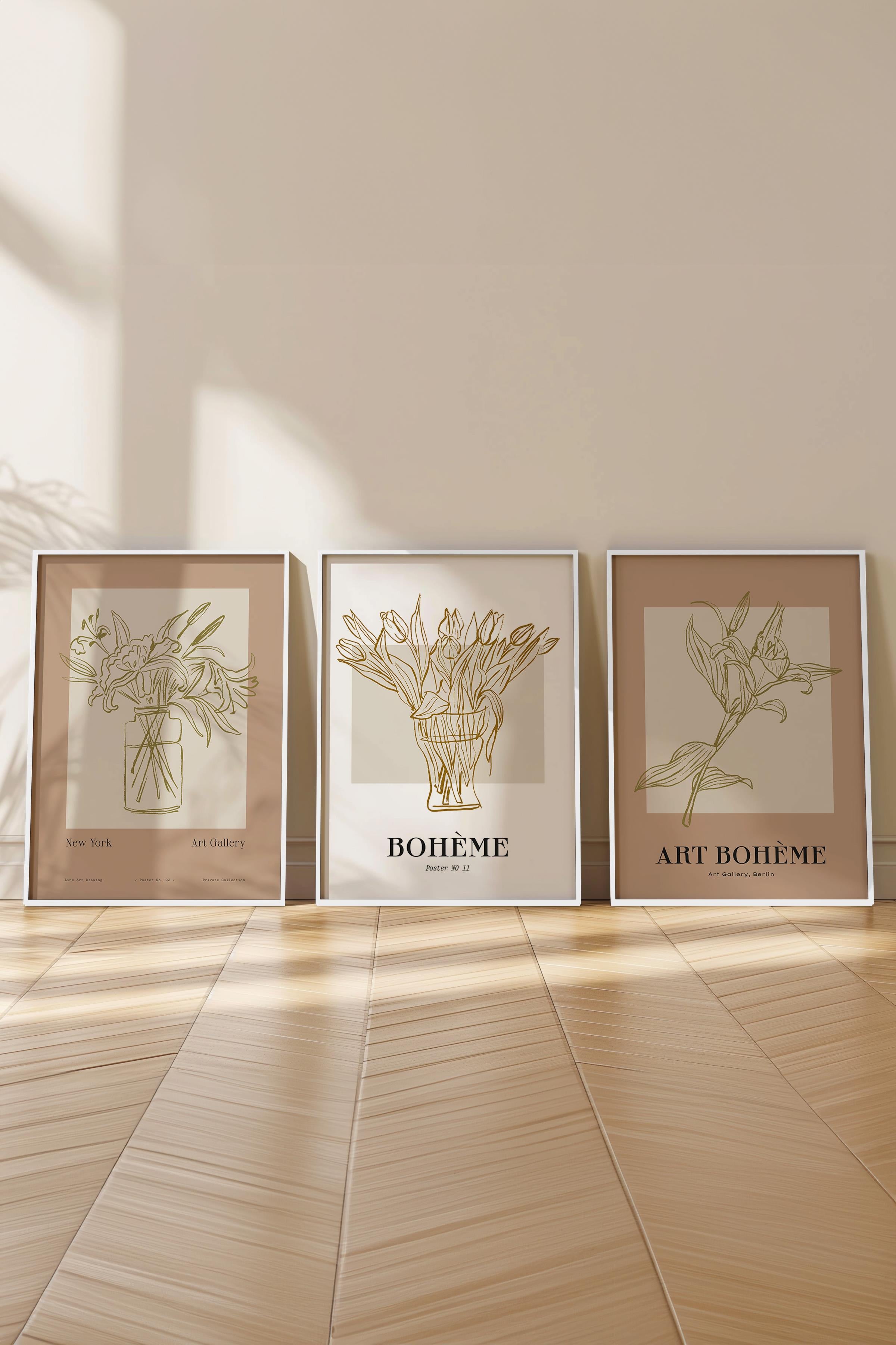 Çerçeveli Tablo Seti, 3 Adet Beyaz Çerçeve ve Minimalist Çizim Temalı Poster Seti, No:300585