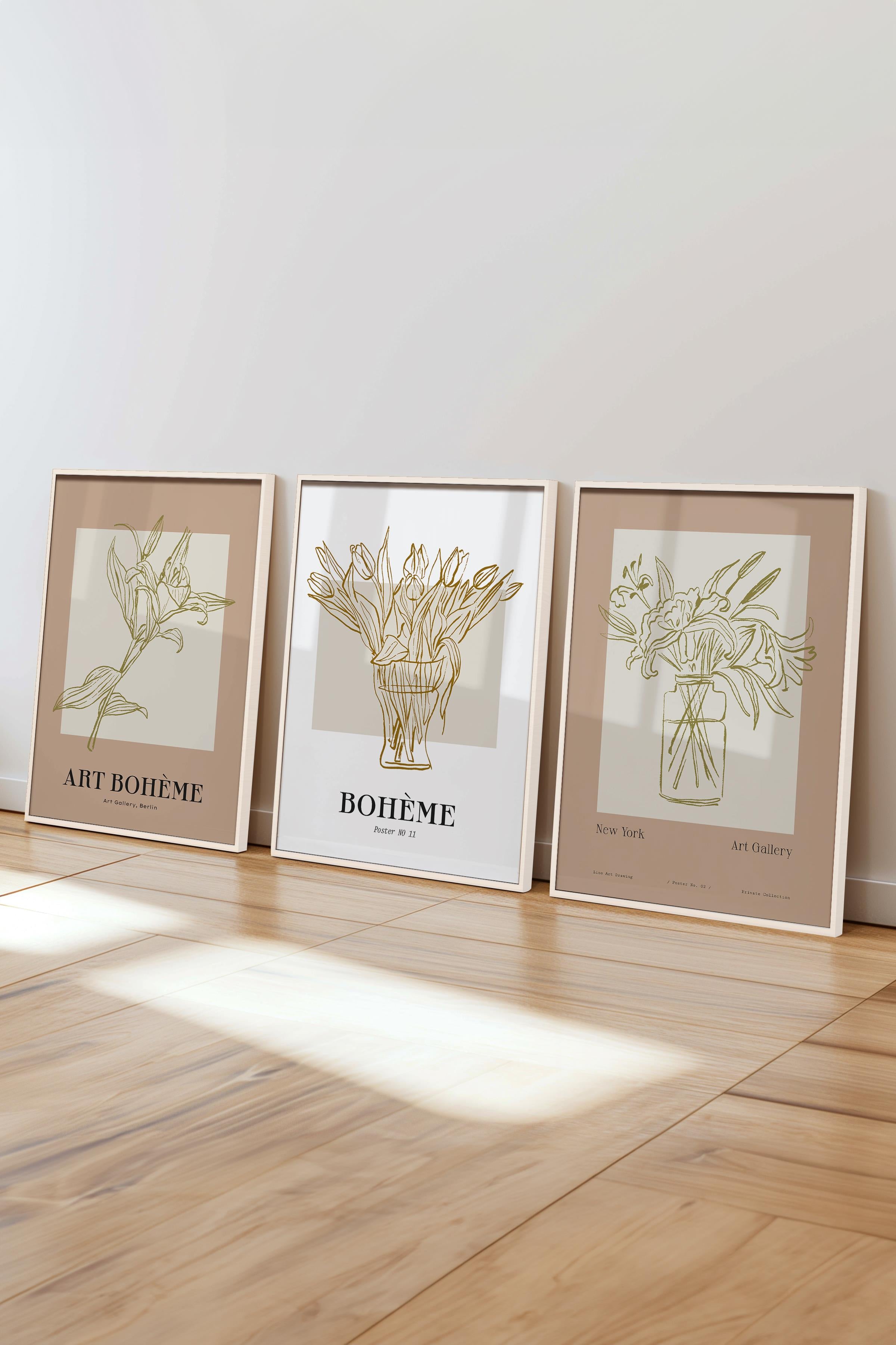 Çerçeveli Tablo Seti, 3 Adet Beyaz Çerçeve ve Minimalist Çizim Temalı Poster Seti, No:300585