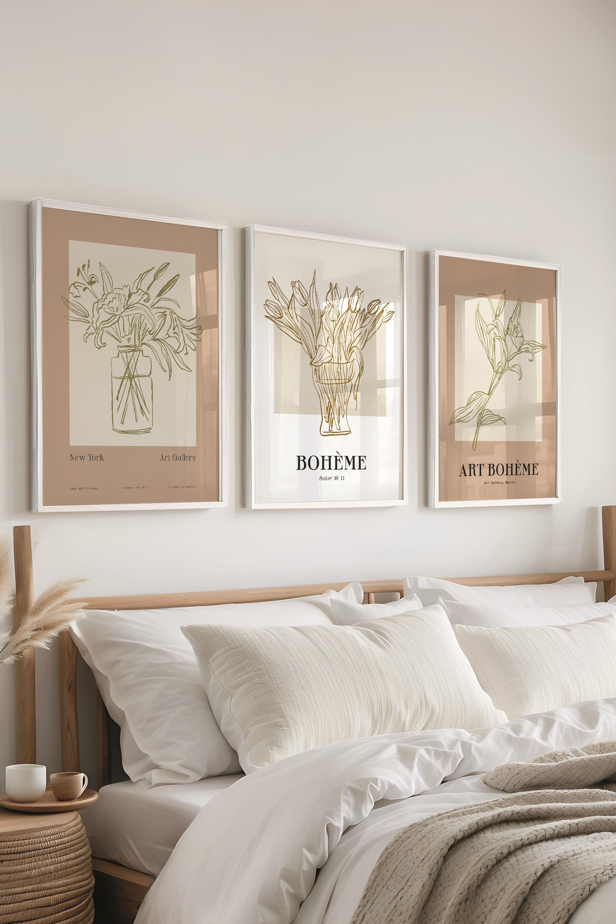 Çerçeveli Tablo Seti, 3 Adet Beyaz Çerçeve ve Minimalist Çizim Temalı Poster Seti, No:300585