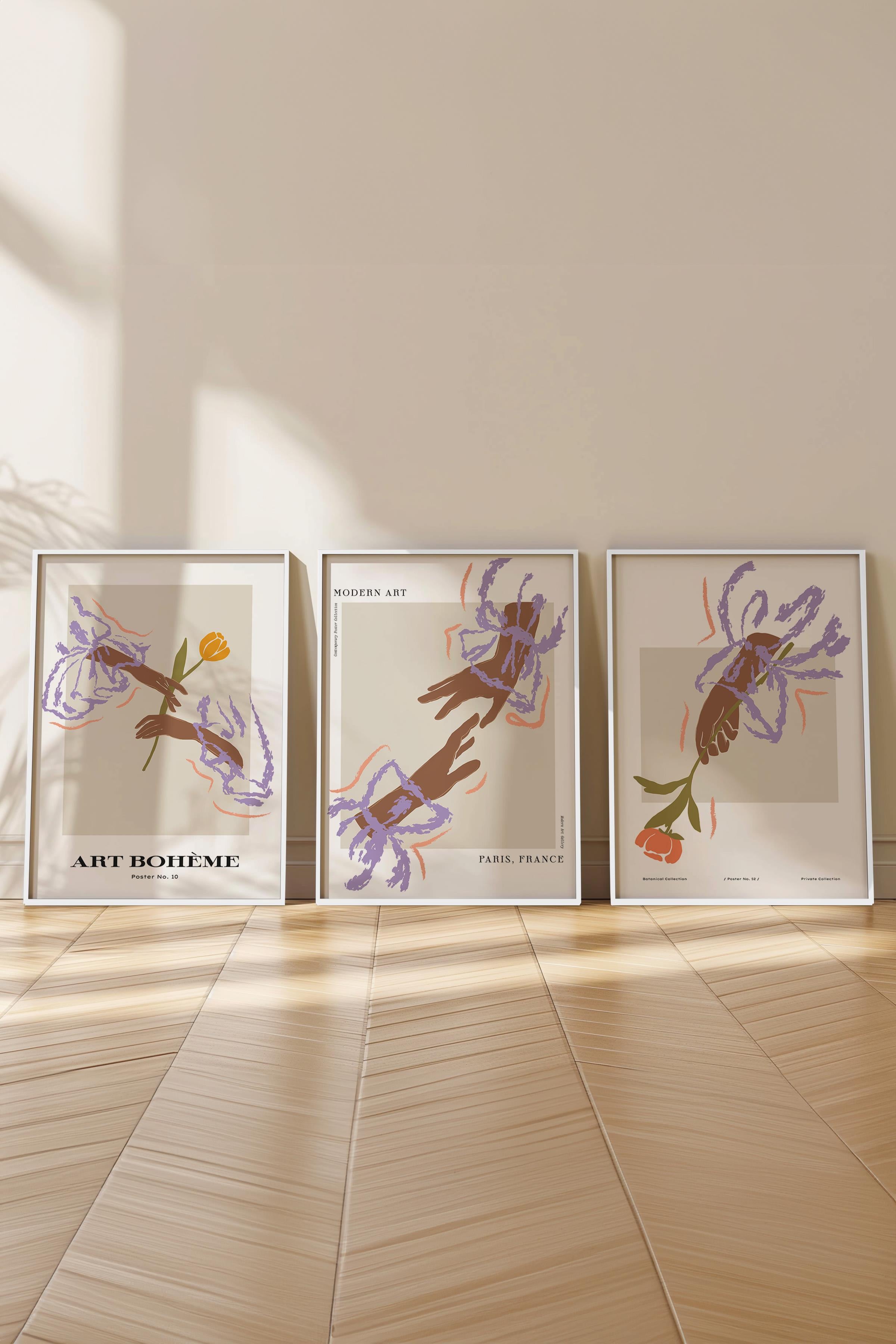 Çerçeveli Tablo Seti, 3 Adet Beyaz Çerçeve ve Minimalist Çizim Temalı Poster Seti, No:300587