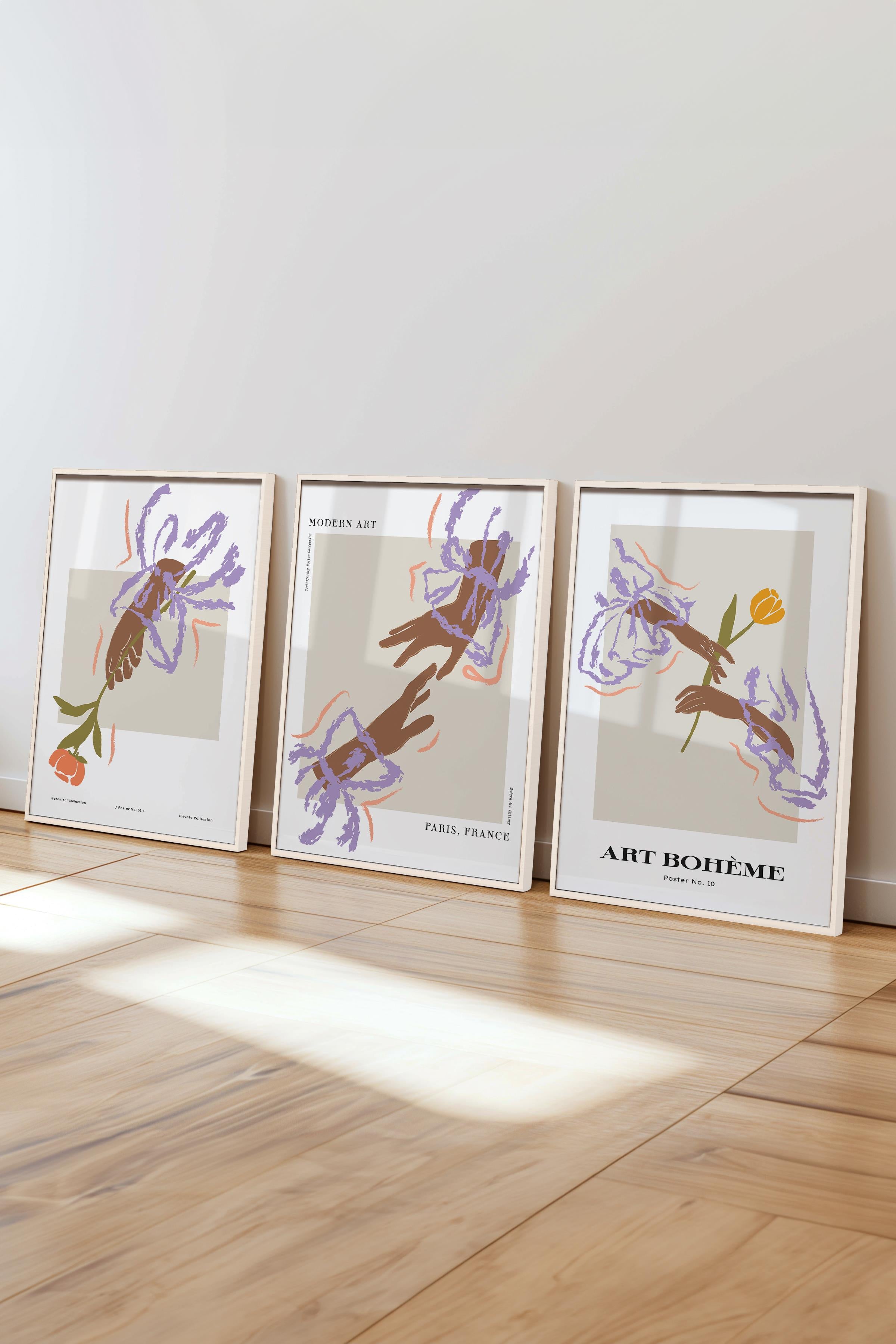 Çerçeveli Tablo Seti, 3 Adet Beyaz Çerçeve ve Minimalist Çizim Temalı Poster Seti, No:300587