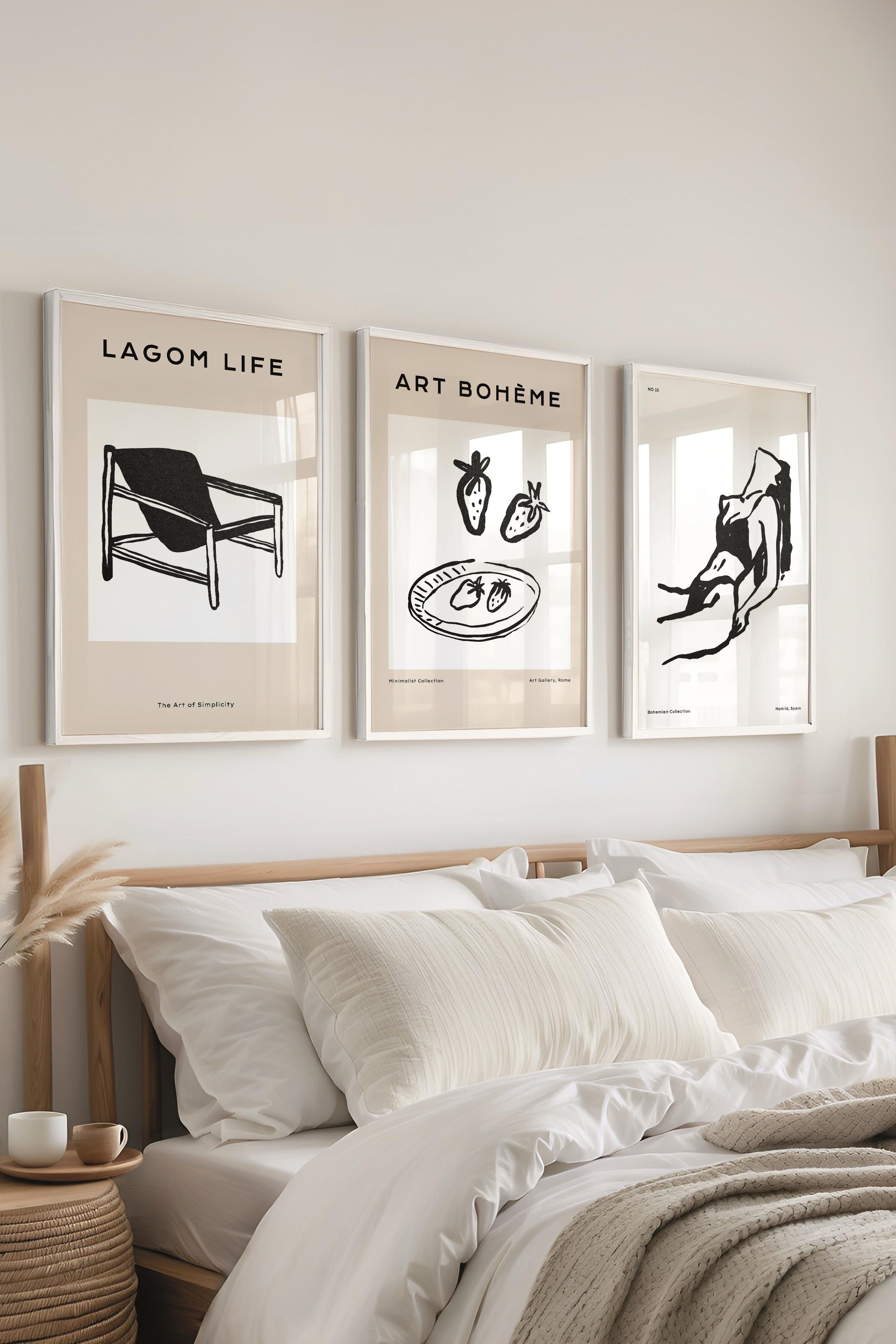 Çerçeveli Tablo Seti, 3 Adet Beyaz Çerçeve ve Minimalist Çizim Temalı Poster Seti, No:300589