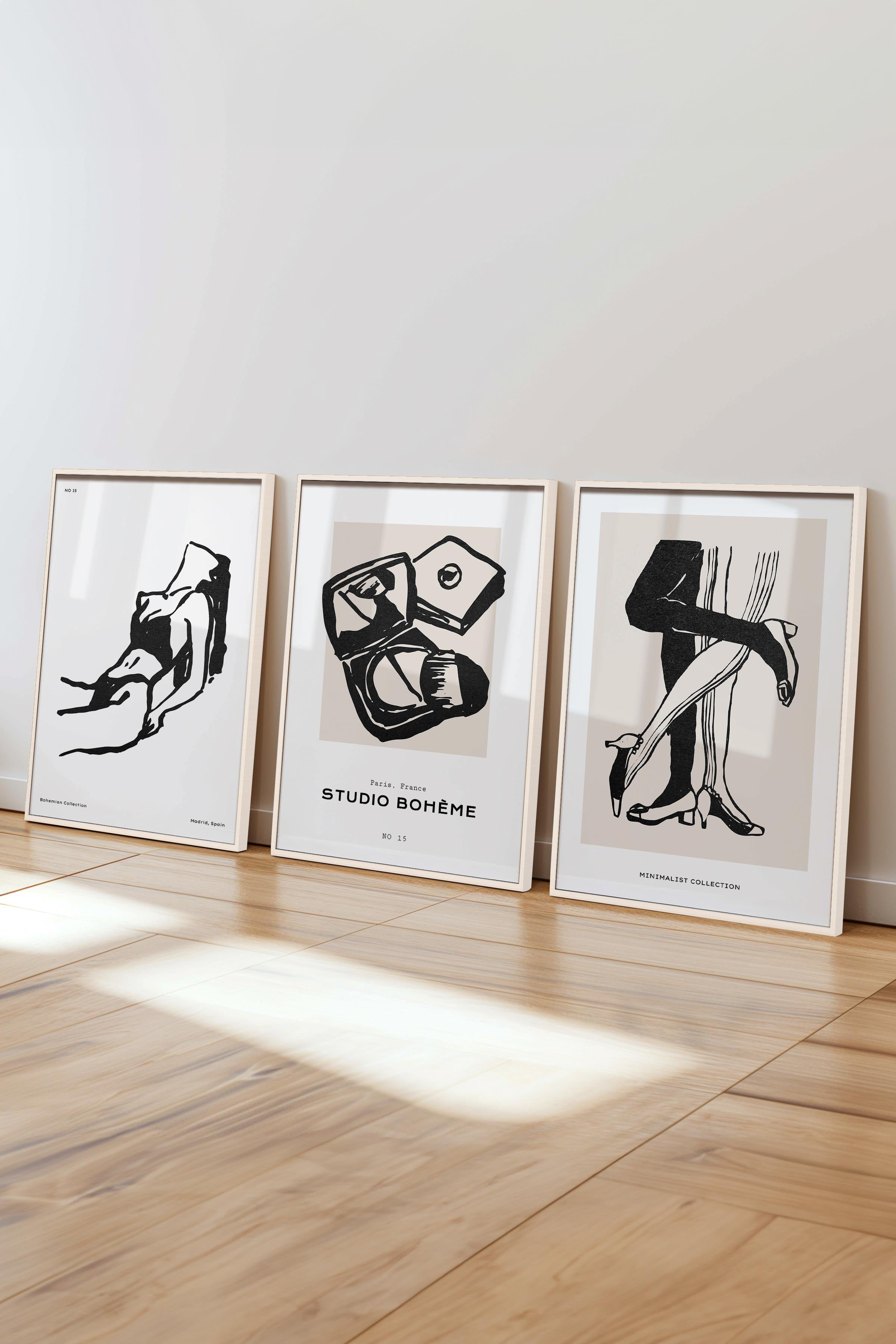 Çerçeveli Tablo Seti, 3 Adet Beyaz Çerçeve ve Minimalist Çizim Temalı Poster Seti, No:300590