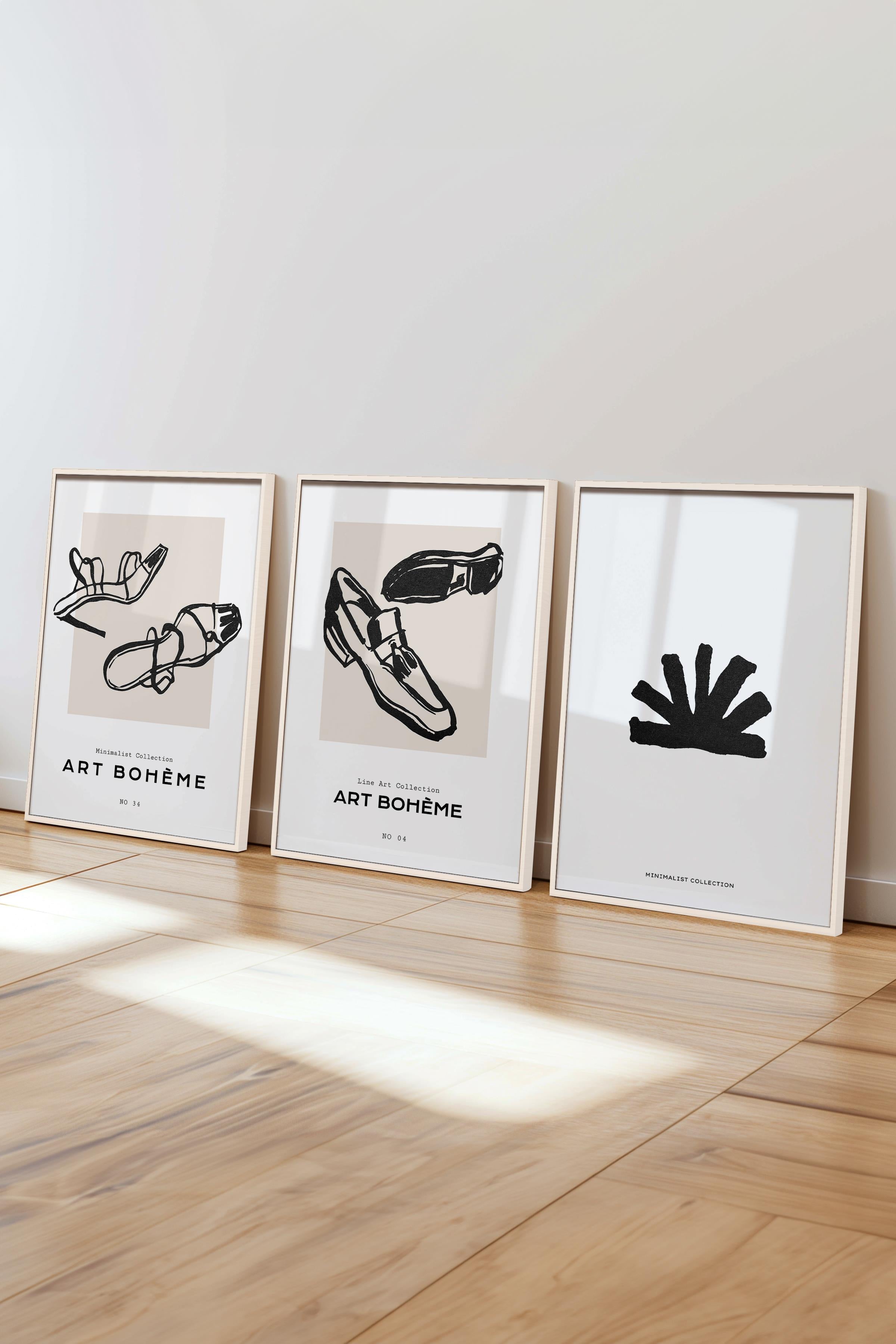 Çerçeveli Tablo Seti, 3 Adet Beyaz Çerçeve ve Minimalist Çizim Temalı Poster Seti, No:300592