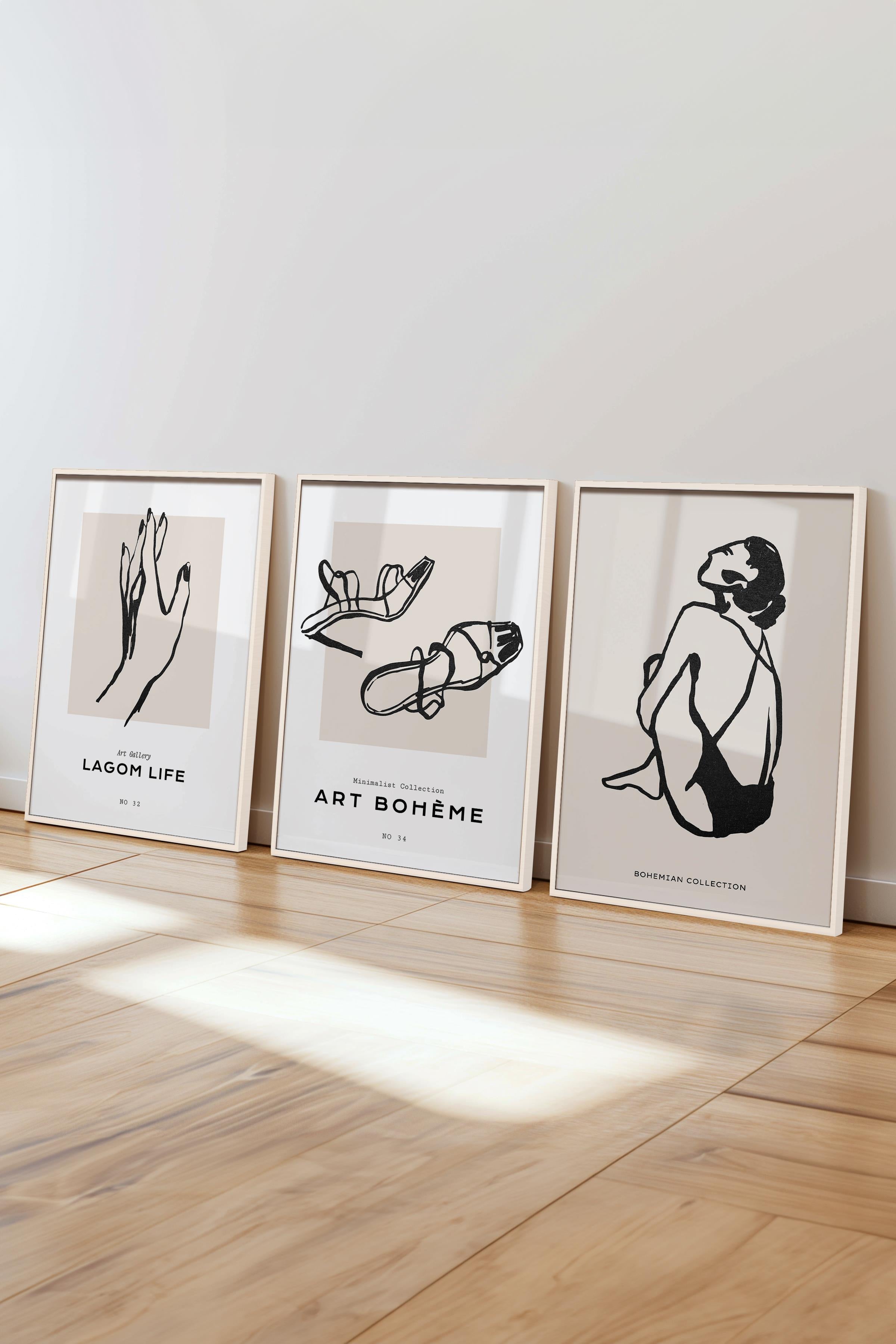 Çerçeveli Tablo Seti, 3 Adet Beyaz Çerçeve ve Minimalist Çizim Temalı Poster Seti, No:300593