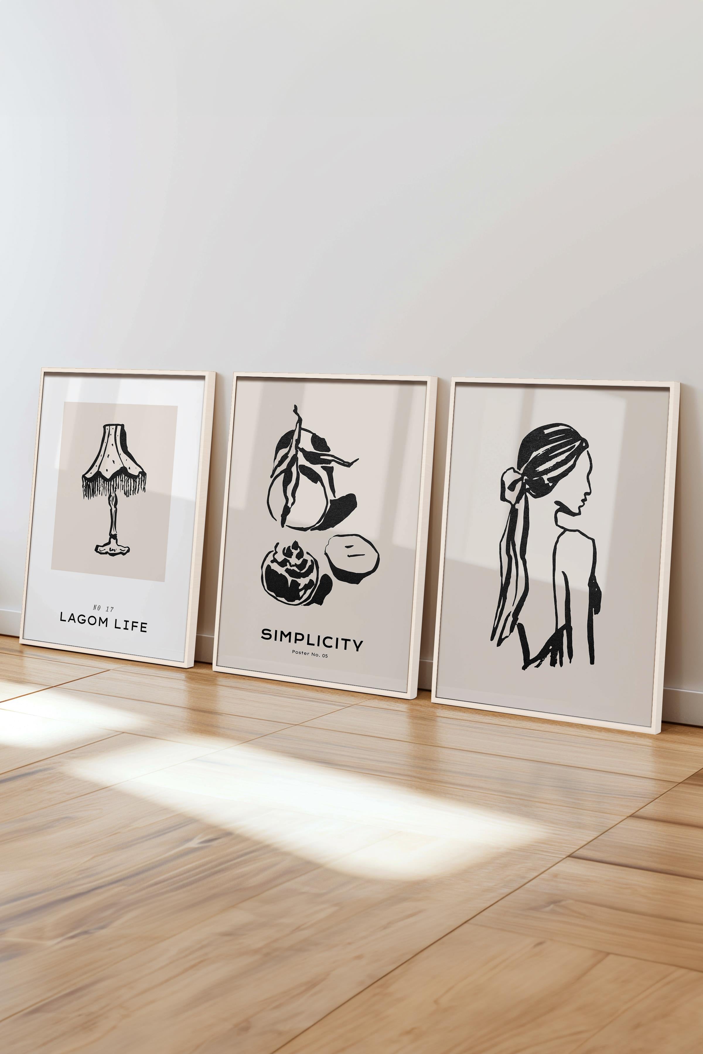 Çerçeveli Tablo Seti, 3 Adet Beyaz Çerçeve ve Minimalist Çizim Temalı Poster Seti, No:300594