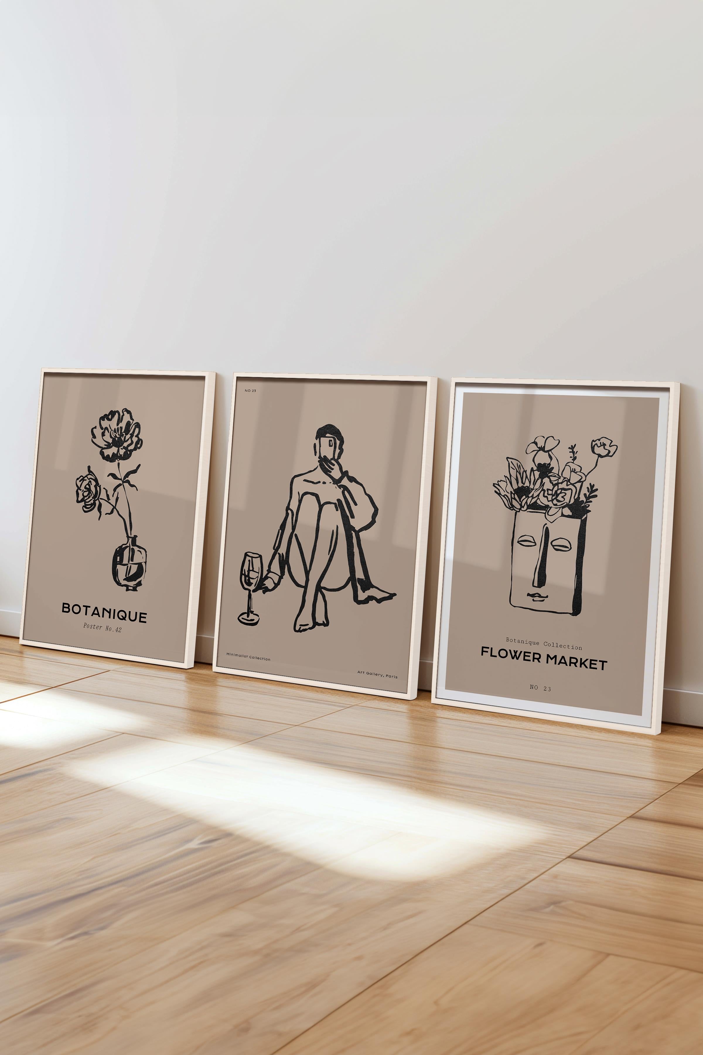 Çerçeveli Tablo Seti, 3 Adet Beyaz Çerçeve ve Minimalist Çizim Temalı Poster Seti, No:300595