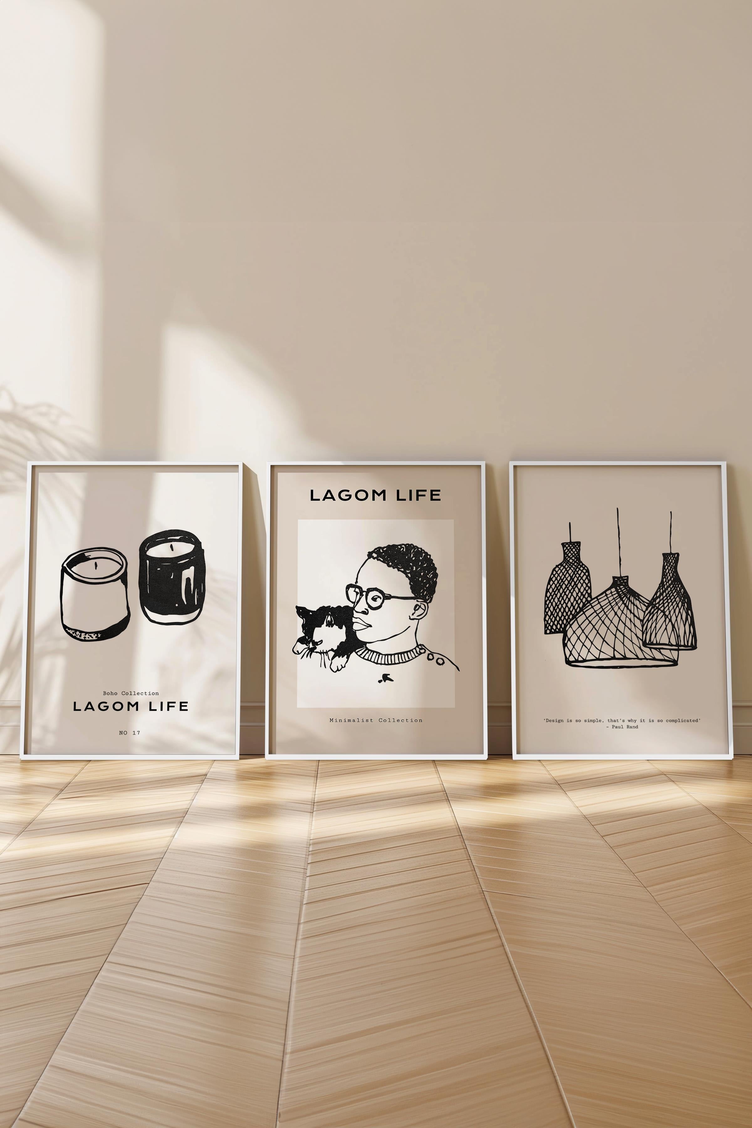 Çerçeveli Tablo Seti, 3 Adet Beyaz Çerçeve ve Minimalist Çizim Temalı Poster Seti, No:300596